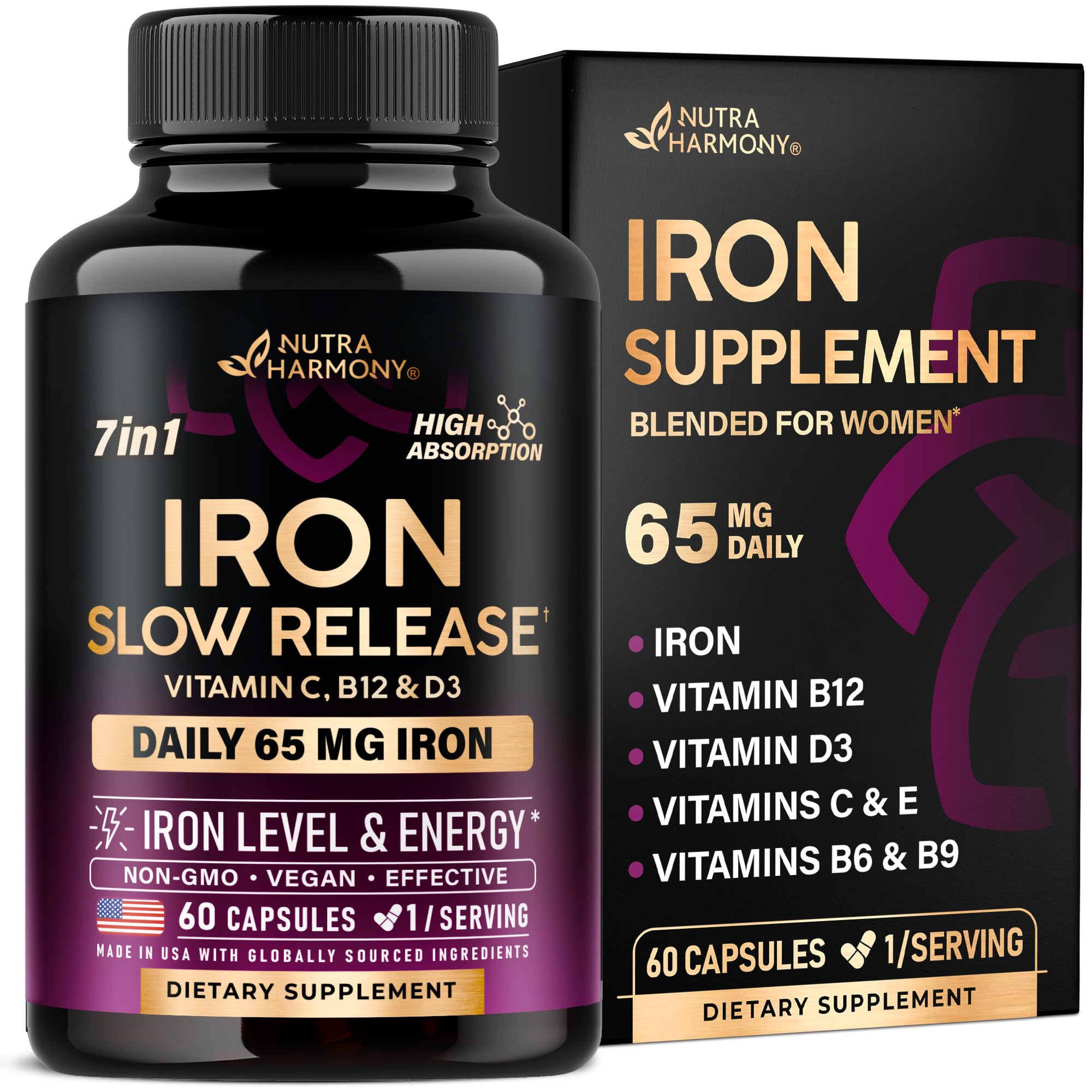 Iron Supplement for Women - Iron 65mg (Ferrous Sulfate 325mg) - Stomach Friendly | Slow Release Iron | High Absorption - Vitamins C, D3, B6, B12 & Folate - Iron Level & Energy Support - 60 Capsules