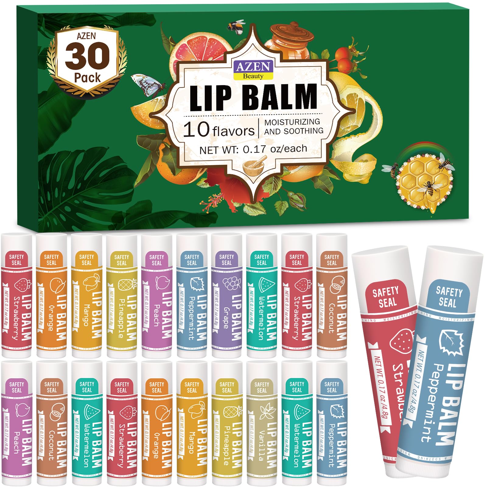 AZEN 30 Pack Lip Balm, Natural Lip Balm Bulk, Lip Care Product, Moisturizing Lip Balms for dry cracked lips - 10 Flavors