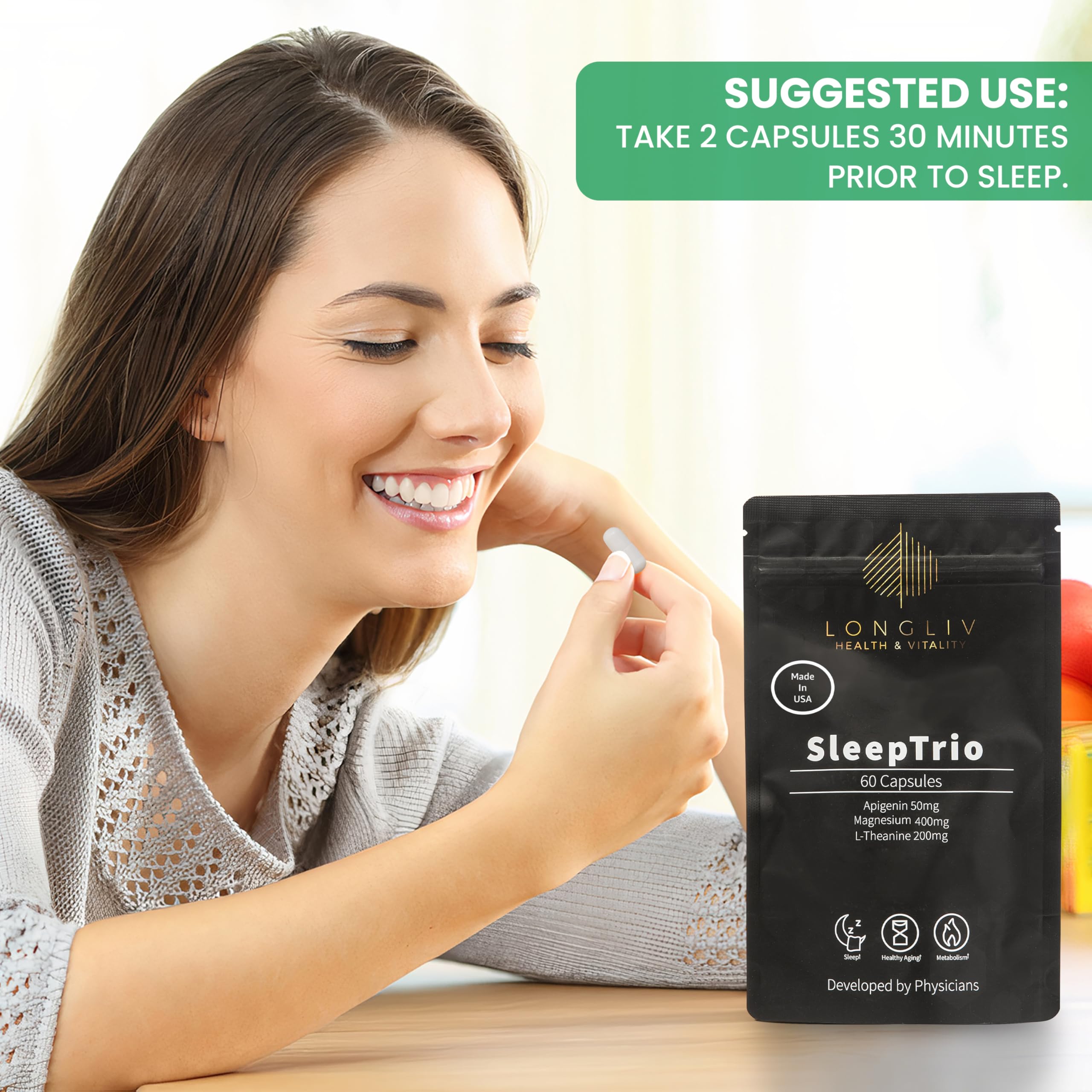 Sleep Trio - Made in USA Magnesium Apigenin L-Theanine Capsules – Premium 3-in-1 Cocktail for Sleep Management - Sleep Cocktail – Without Melatonin - 60 Capsules