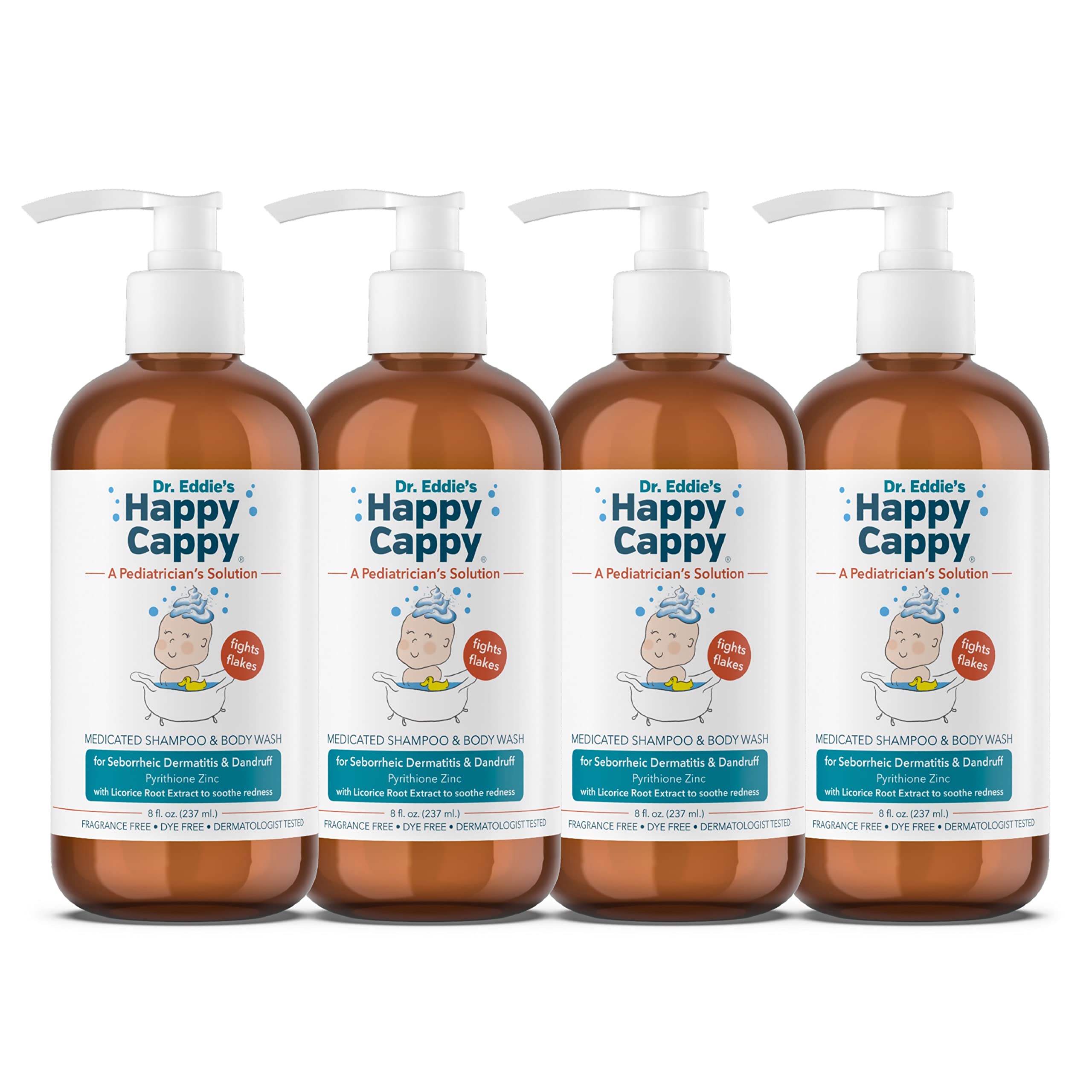 Happy Cappy Dr. Eddie’s Medicated Shampoo and Body Wash- Baby Dandruff Shampoo, Helps Cradle Cap and Seborrheic Dermatitis, Reduces Redness, Dermatologist Tested, Fragrance-Free- 8 Fl Oz (Pack of 4)