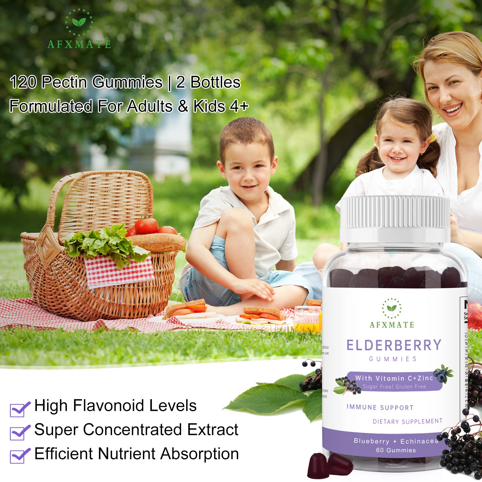 AFXMATE Sambucus Elderberry Gummies, Black Elderberry Gummy with Zinc and Vitamin C for Adults, Sugar Free Kids Multivitamin Gummies Immune Support* Supplement (2 Pack)