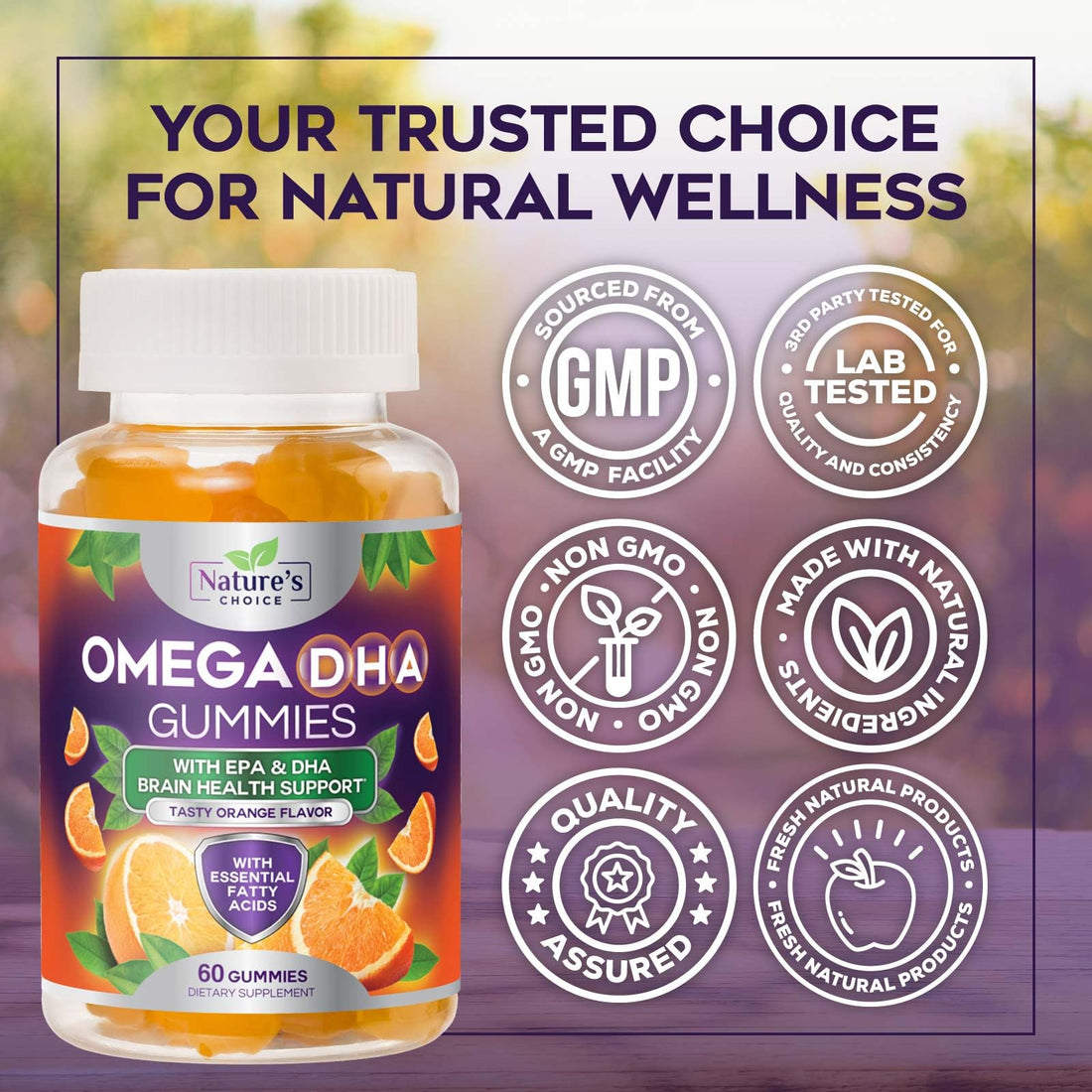 Omega 3 Fish Oil Gummies - Triple Strength Omega 3 Gummy Vitamins, High Absorption EPA & DHA Fatty Acids, for Heart Health & Brain Support, Nature's Fish Oil Supplement, Orange Flavor - 60 Gummies