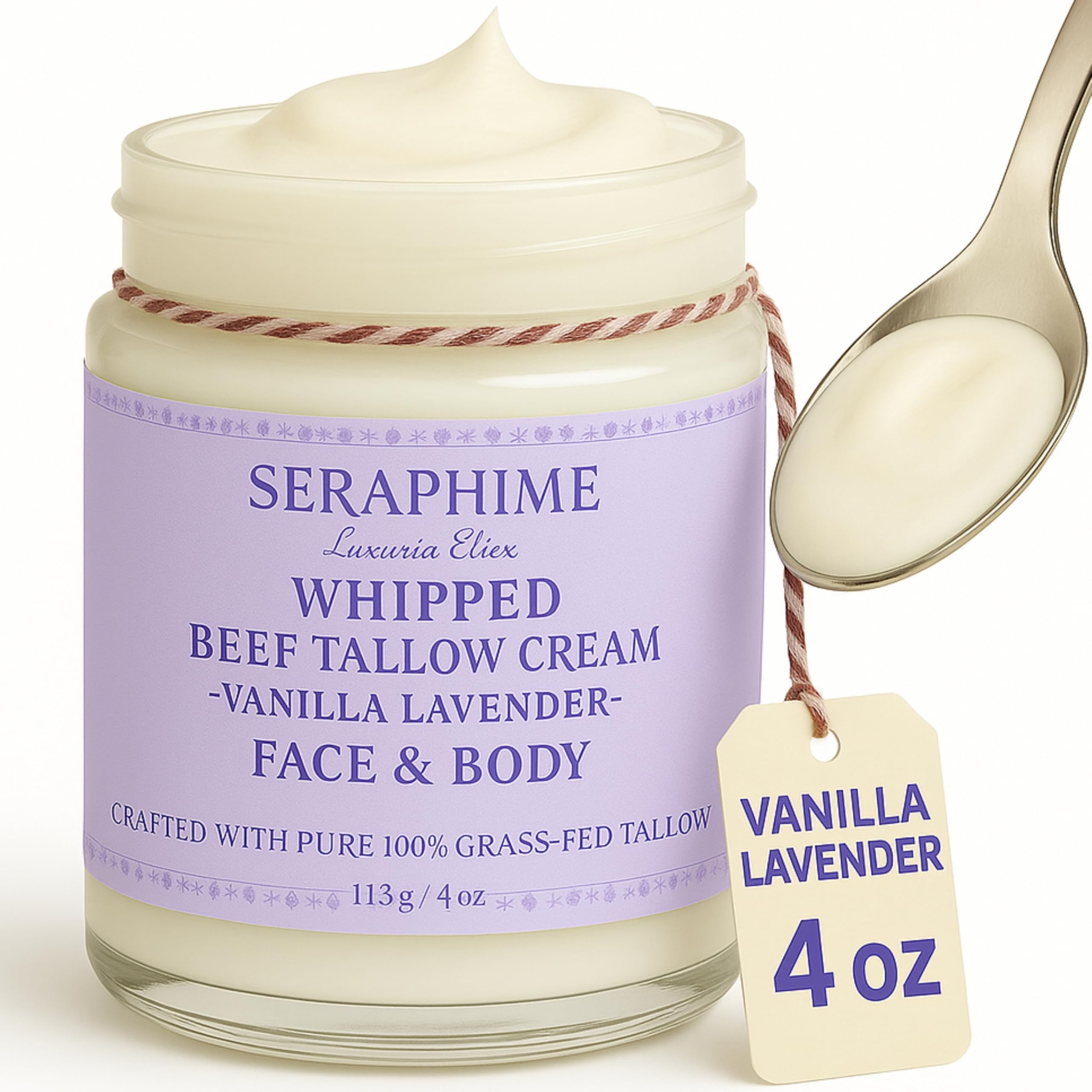 Seraphime Whipped Beef Tallow for Skin Care, Organic Pure Grass Fed Beef Tallow Moisturizer Cream for Face & Body Lotion, Cow Tallow with Niacinamide, Shea Butter & Aloe, Vanilla Lavender 4oz