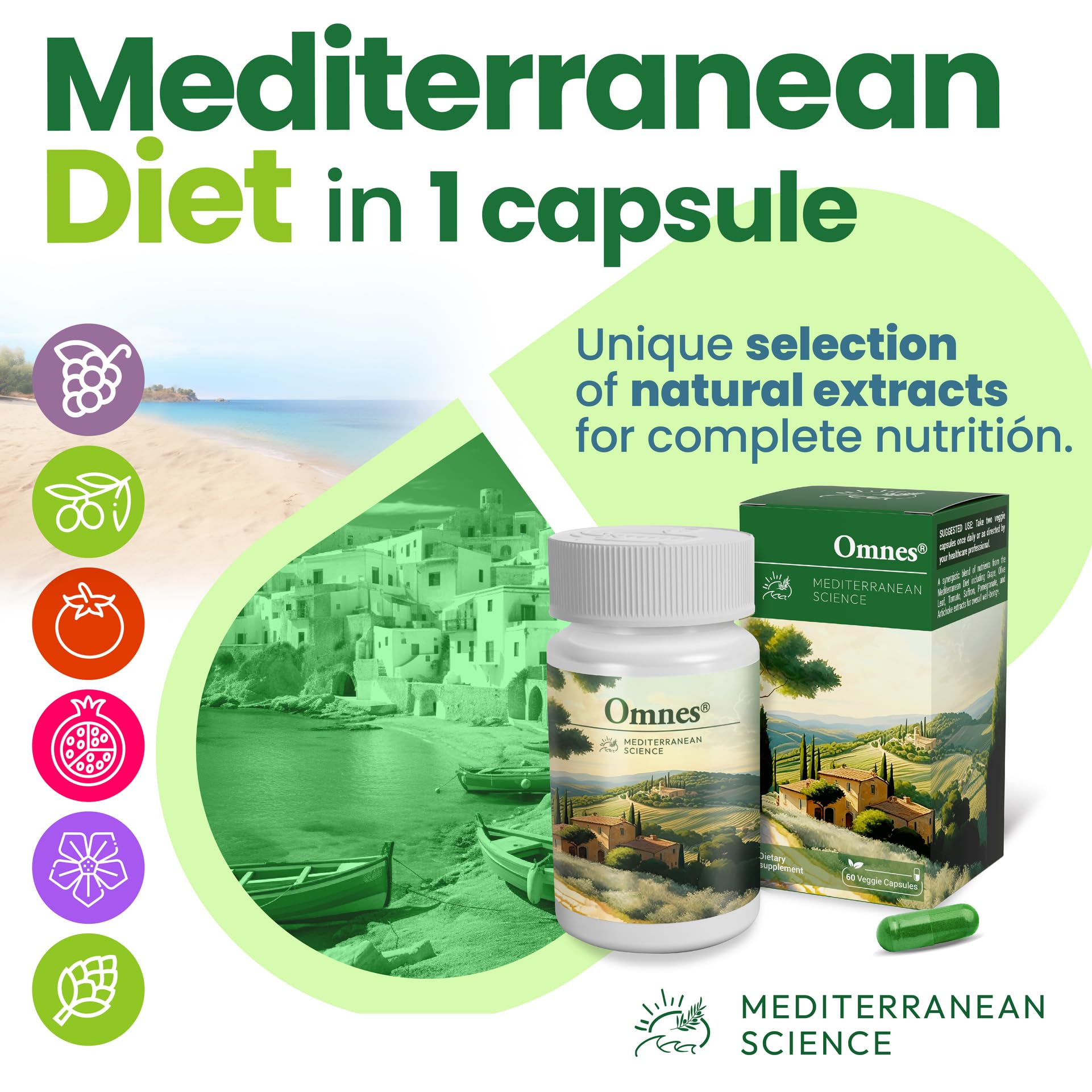 Generic Omnes | Complete Multivitamin | Natural Extracts from Premium Mediterranean Diet Ingredients | +12 Vitamins and Minerals | Nutrition, Antioxidants, Energy | 60 Capsules