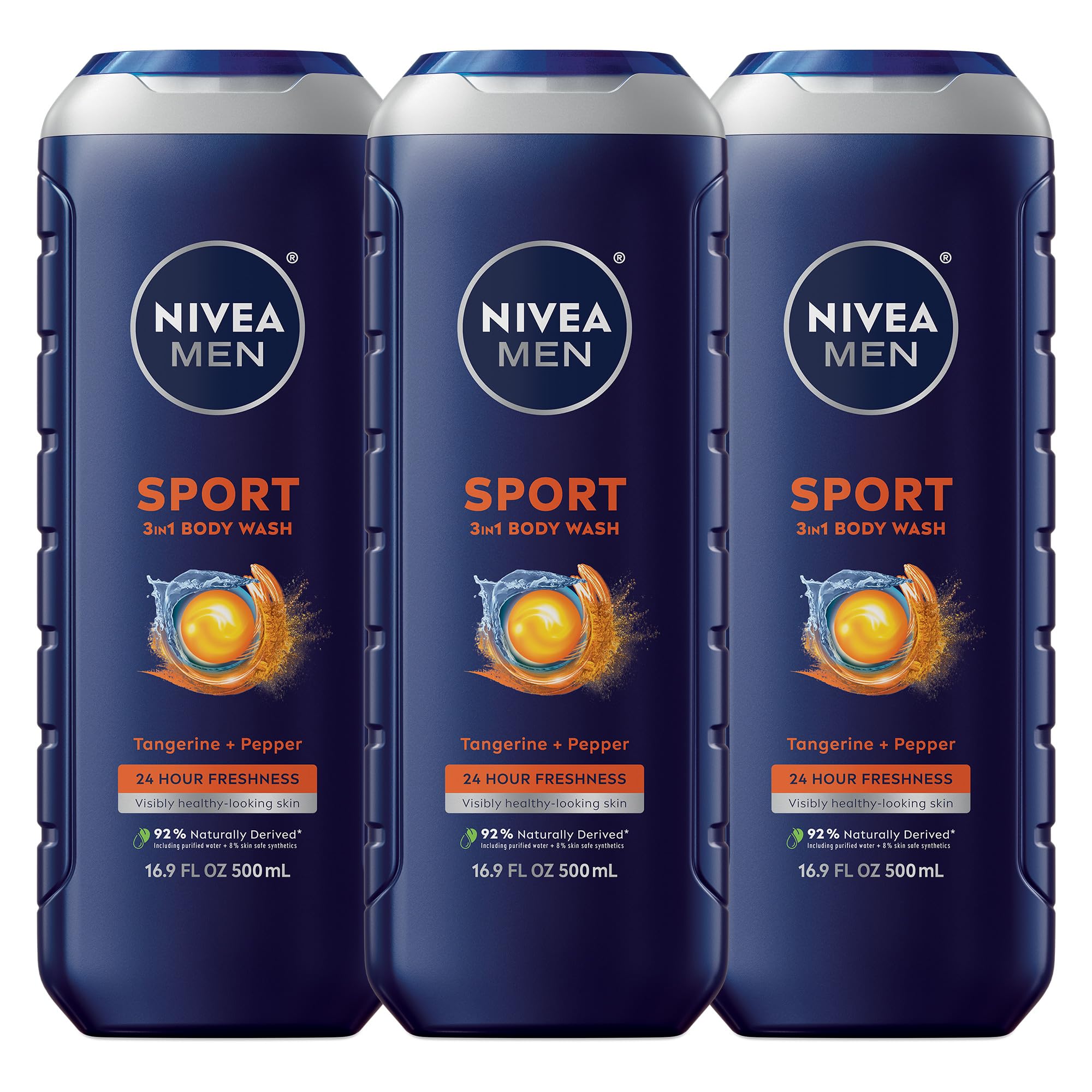 NIVEA Men Sport Body Wash with Revitalizing Minerals, Tangerine and Pepper Scent, 3-in-1 Men's Body Wash, Face and Hair, Paraben Free, Vegan Formula, 16.9 Fl Oz Bottle, Pack of 3