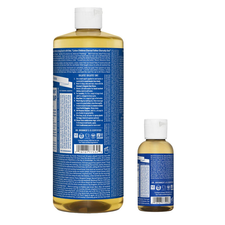 Dr. Bronnerââ‚¬â„¢s - Pure-Castile Liquid Soap (Peppermint, 32 ounce and 2oz bundle) - Made with Organic Oils, 18-in-1 Uses: Face, Body, Hair, Laundry, Pets and Dishes, Concentrated, Vegan, Non-GMO