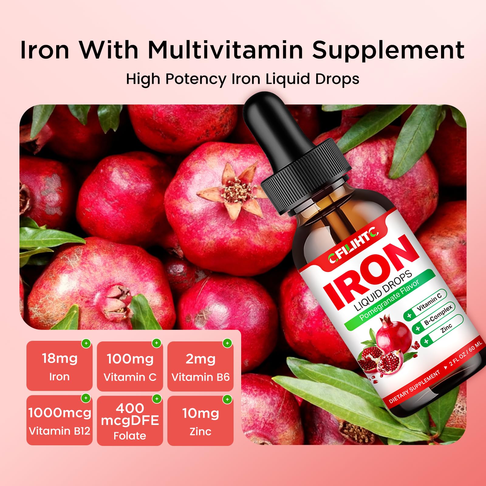 Liquid Iron Supplement for Women Men & Kids Multivitamin Iron Drops with Folate, Vitamin C, B6, B12, Zinc for Anemia, Iron Deficiency, Blood Builder, Energy - Natural Pomegranate Flavor, Vegan 2 Fl Oz