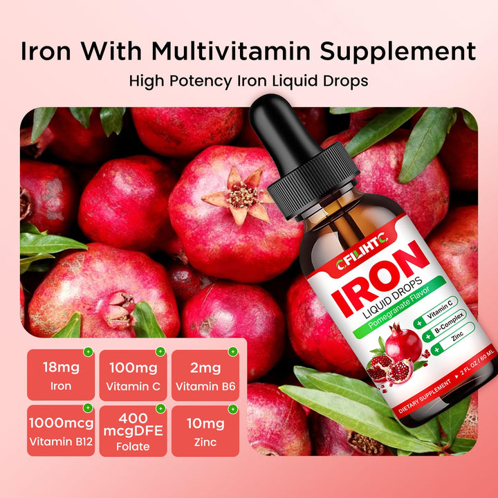 Liquid Iron Supplement for Women Men & Kids Multivitamin Iron Drops with Folate, Vitamin C, B6, B12, Zinc for Anemia, Iron Deficiency, Blood Builder, Energy - Natural Pomegranate Flavor, Vegan 2 Fl Oz