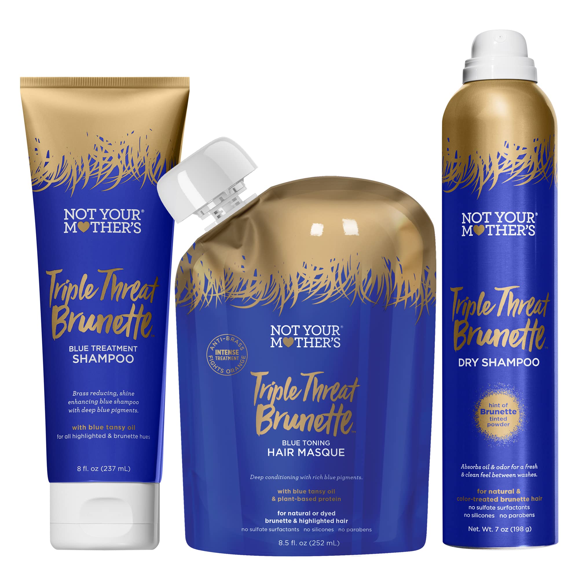 Not Your Mother's Triple Threat Brunette Collection: Toning Shampoo, Hair Masque, and Dry Shampoo (3-Pack) - Enhances Shine, Reduces Brass, Refreshes Hair