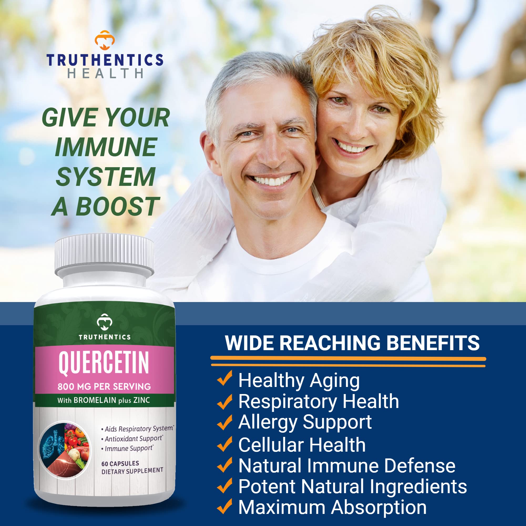 TRUTHENTICS Quercetin with Bromelain and Zinc 1050mg - Premium Zinc Quercetin Supplements for Immune, Respiratory & Seasonal Support - Non-GMO, Gluten Free - 60 Veggie Capsules