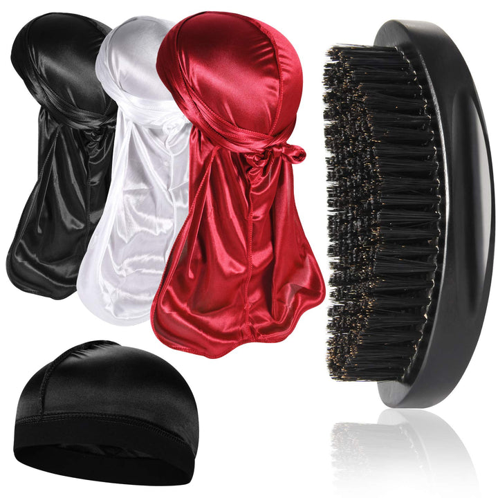 3pcs Silky Durag with Wave Brush for Men 360, Curved Medium/Hard Hair Brush Kits,A