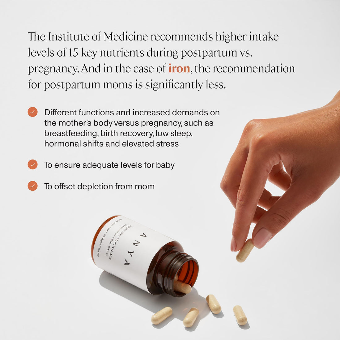 ANYA Postpartum Multivitamin, Postnatal Vitamin for Women Breastfeeding Support, 30 Capsules - Vitamins A, C, D3, Zinc, Methyl B12, Biotin, Folate and Iron - 100% Vegan, Non-GMO, Gluten & Dairy Free