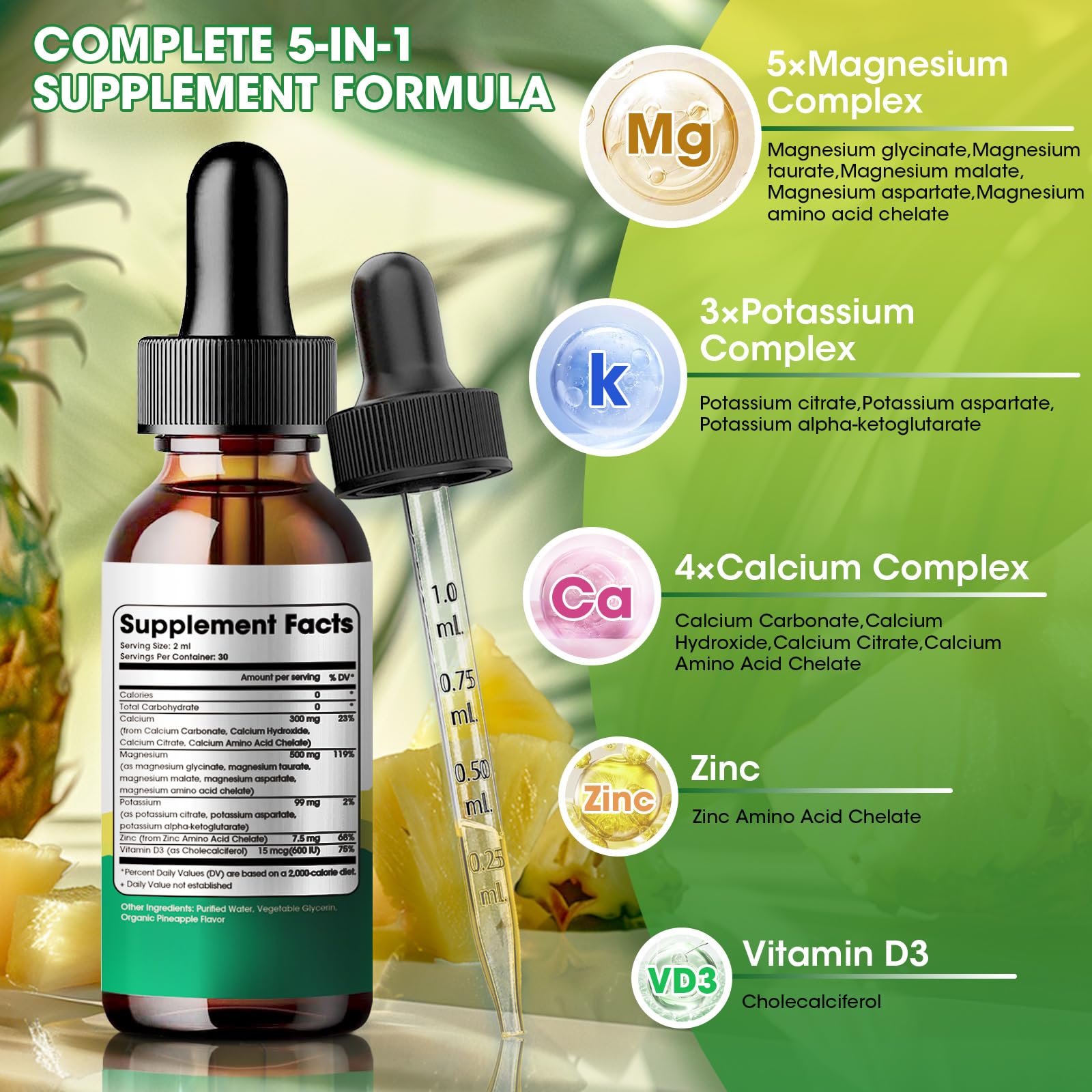 Potassium Magnesium Glycinate Supplement-High Absorption Magnesium Complex Liquid Drop with Calcium, Potassium, Vitamin D3 & Zinc for Sleep,Leg Cramps, Muscles & Energy, Sugar Free&Vegan 2 Fl Oz