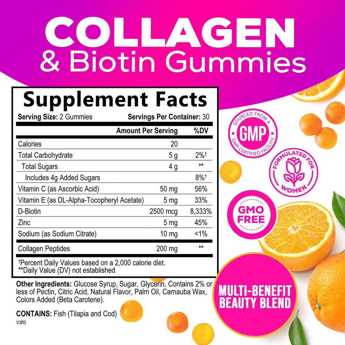 Collagen Gummies with 2500mcg Biotin, Vitamin C & Zinc - Hydrolyzed Collagen Peptide Type 1 & 3 Supplement - Advanced Hair, Skin & Nail Growth Support for Women & Men, Gluten Free, Non-GMO - 60 Count
