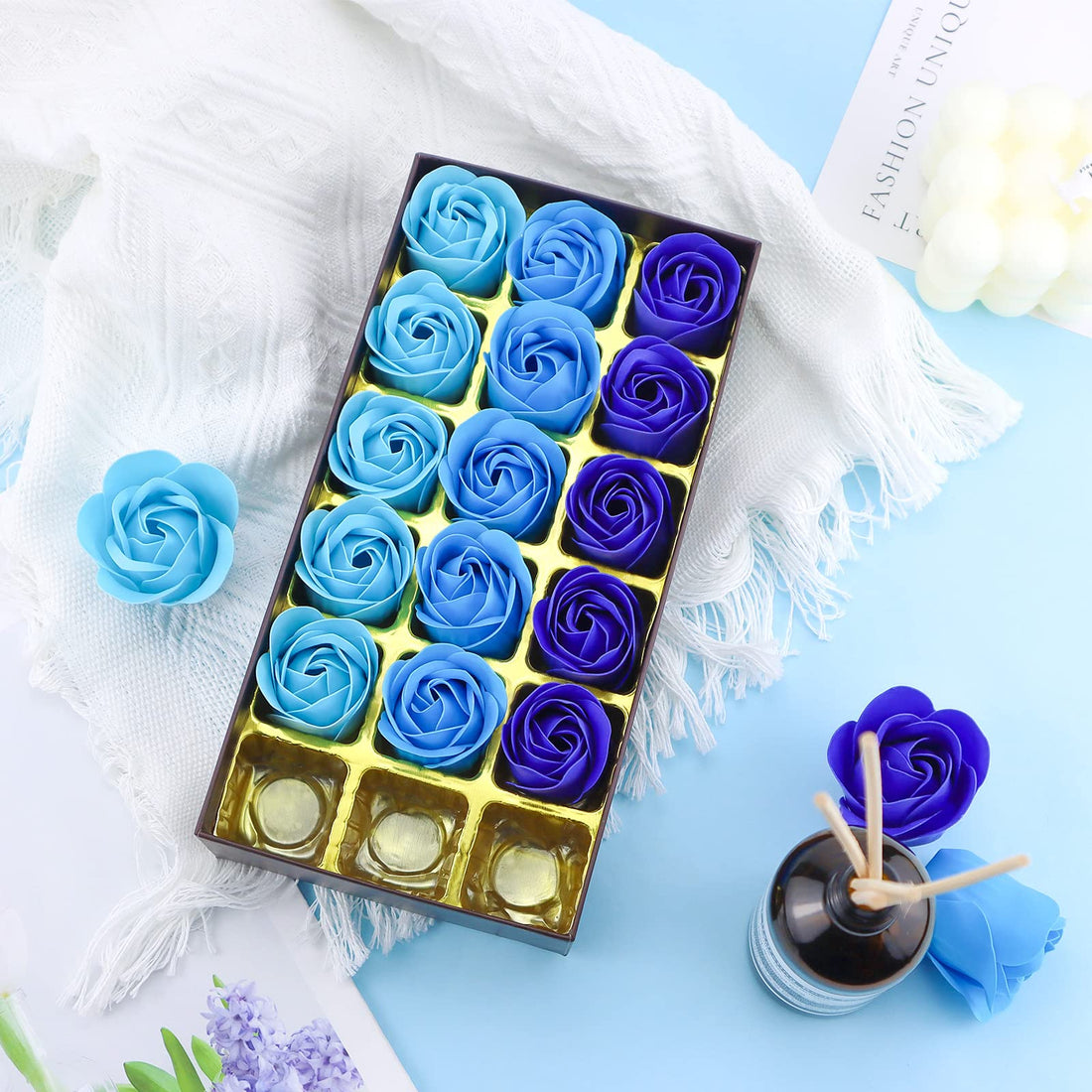 Floral Scented Bath Soap Rose Flower Petals, Jialeey Plant Essential Oil Rose Soap Set Guest Soap Shaped Petals Best Gifts Ideas For Her Women Teens Girls Mom Birthdays, 18 Pcs Blue