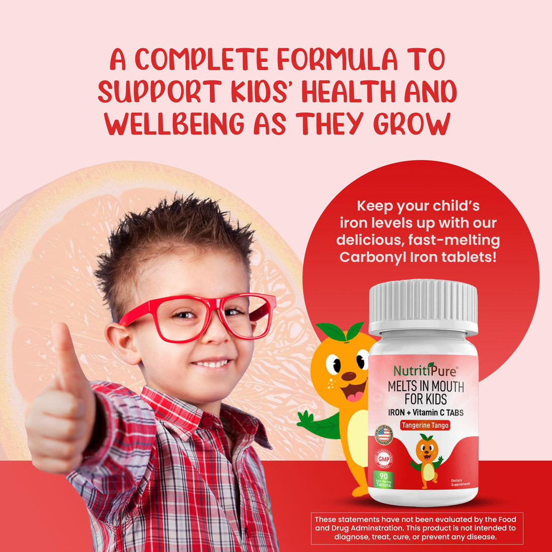 NutritiPure Chewable Iron Supplements for Kids (Ferronyl®/Carbonyl Iron 9 mg with Vitamin C 30 mg) Tablet in Tangerine Tango Orange Flavor Kids Iron Supplement 90 Count