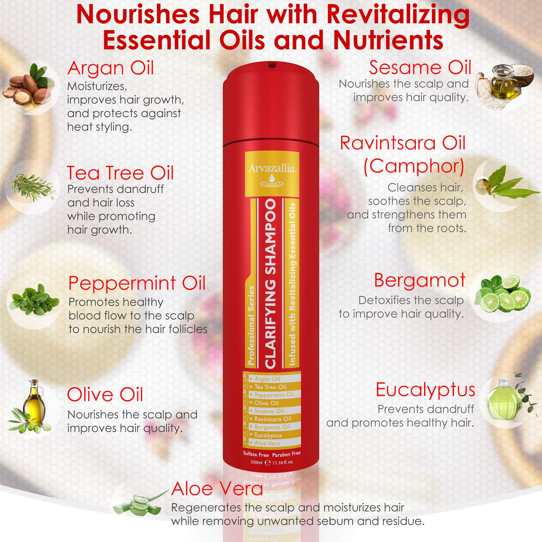 Arvazallia Clarifying Shampoo with Revitalizing Essential Oils - Professional-Grade Anti-Residue Cleanser Infused with Argan, Tea Tree, Peppermint, Olive, Sesame Oils, and Aloe