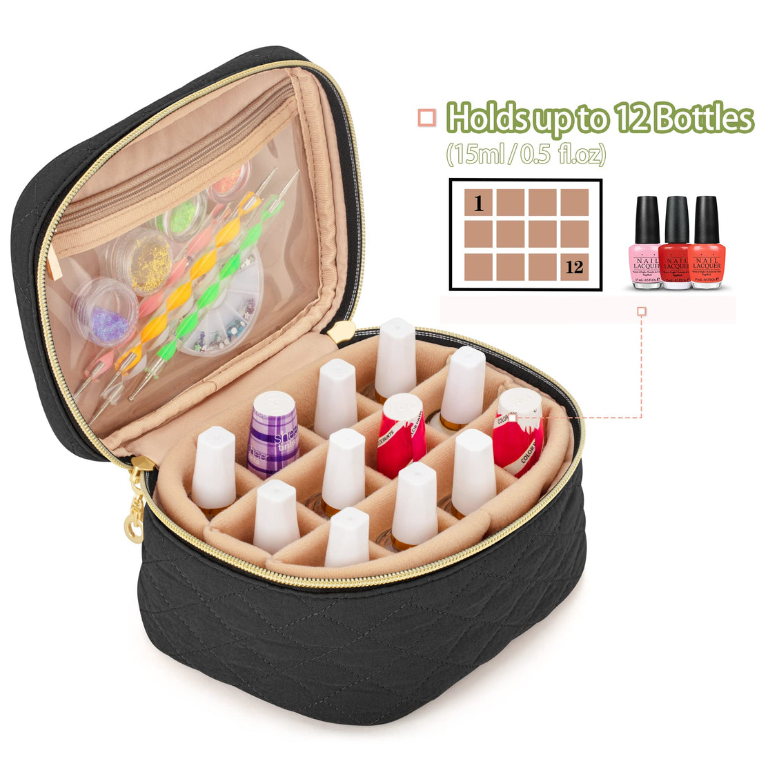 YARWO Nail Polish Organizer Bag Holds 12 Bottles (15ml/0.5 fl.oz), Travel Carrying Case for Nail Polish and Manicure Kit, Black (Bag Only, Patented Design)