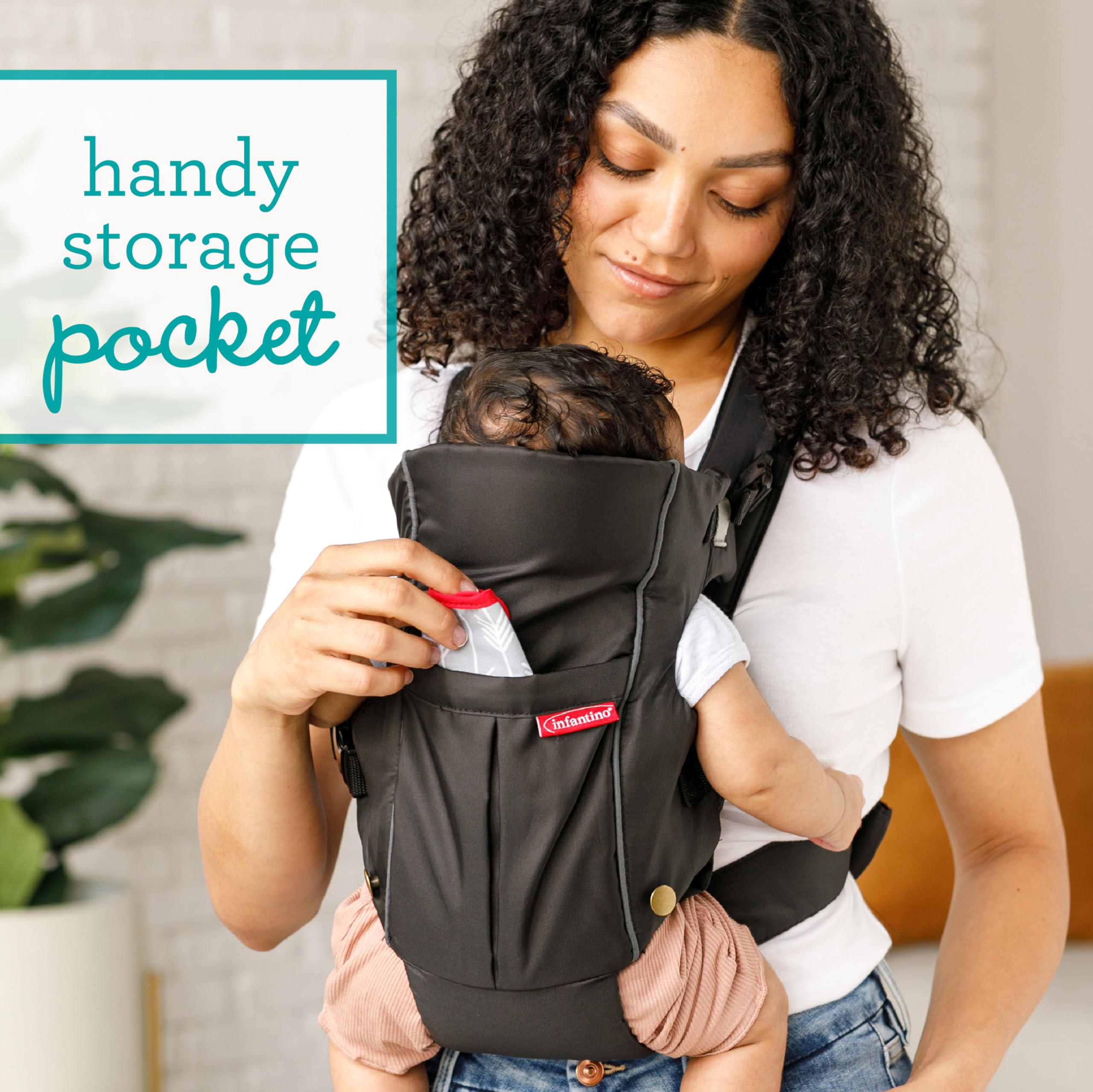 Infantino Swift Classic Carrier with Pocket, 2-Ways to Carry Carrier with Wonder Bib & Essentials Storage Front Pocket for Babies 8-25lb, Adjustable Strap, Black