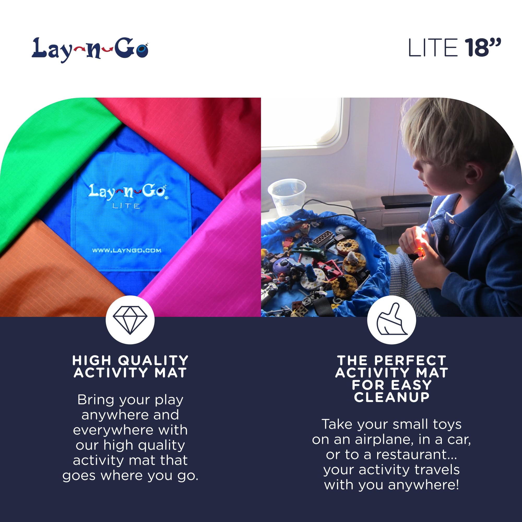 Lay-n-Go 4-in-1 Drawstring Toy Storage Organizer Mat - Durable Machine Washable Drawstring Bag for Lego & Other Toys - Easy-to-Clean Pull String Bag w/Pocket & Raised Lip (18, Orange/Blue)