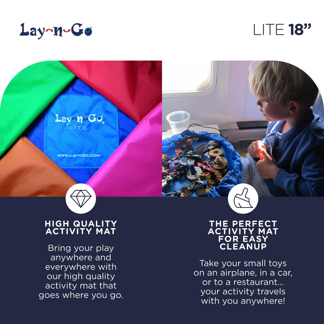 Lay-n-Go 4-in-1 Drawstring Toy Storage Organizer Mat - Durable Machine Washable Drawstring Bag for Lego & Other Toys - Easy-to-Clean Pull String Bag w/Pocket & Raised Lip (18, Orange/Blue)