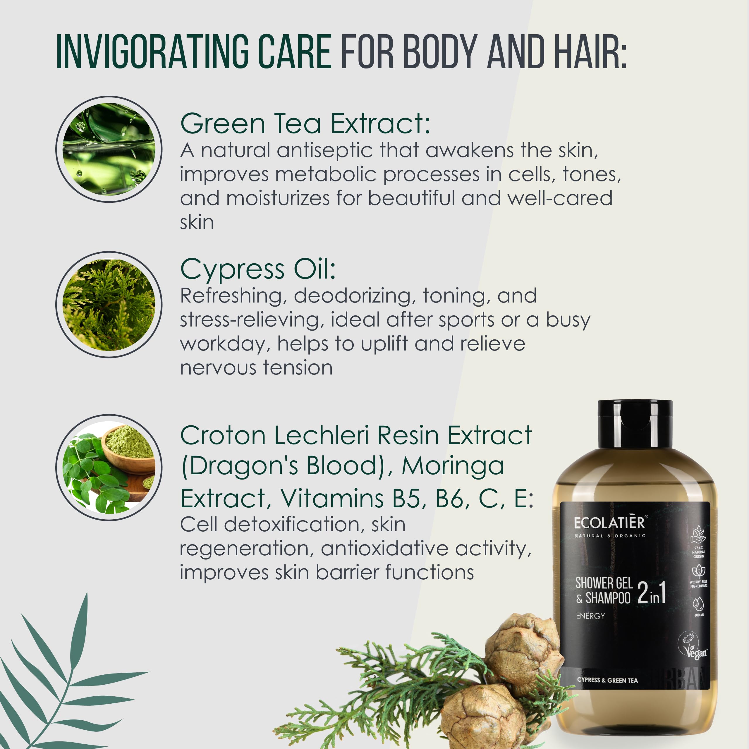 ECOLATIÈR 2-in-1 Body Wash Men & Shampoo Men - Energy Boost, 97.5% Natural Ingredients, Vegan, Natural Body Wash & Hair Cleanser, 20.3 Fl Oz