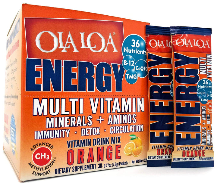 Ola Loa Energy Orange Multi Vitamin Drink Mix - Amino Energy Powder, Gluten Free, Detox, Dairy Free, Caffeine Free - Drink Your Vitamins for The Rigors of Daily Life - 30 Packets (8.25oz)