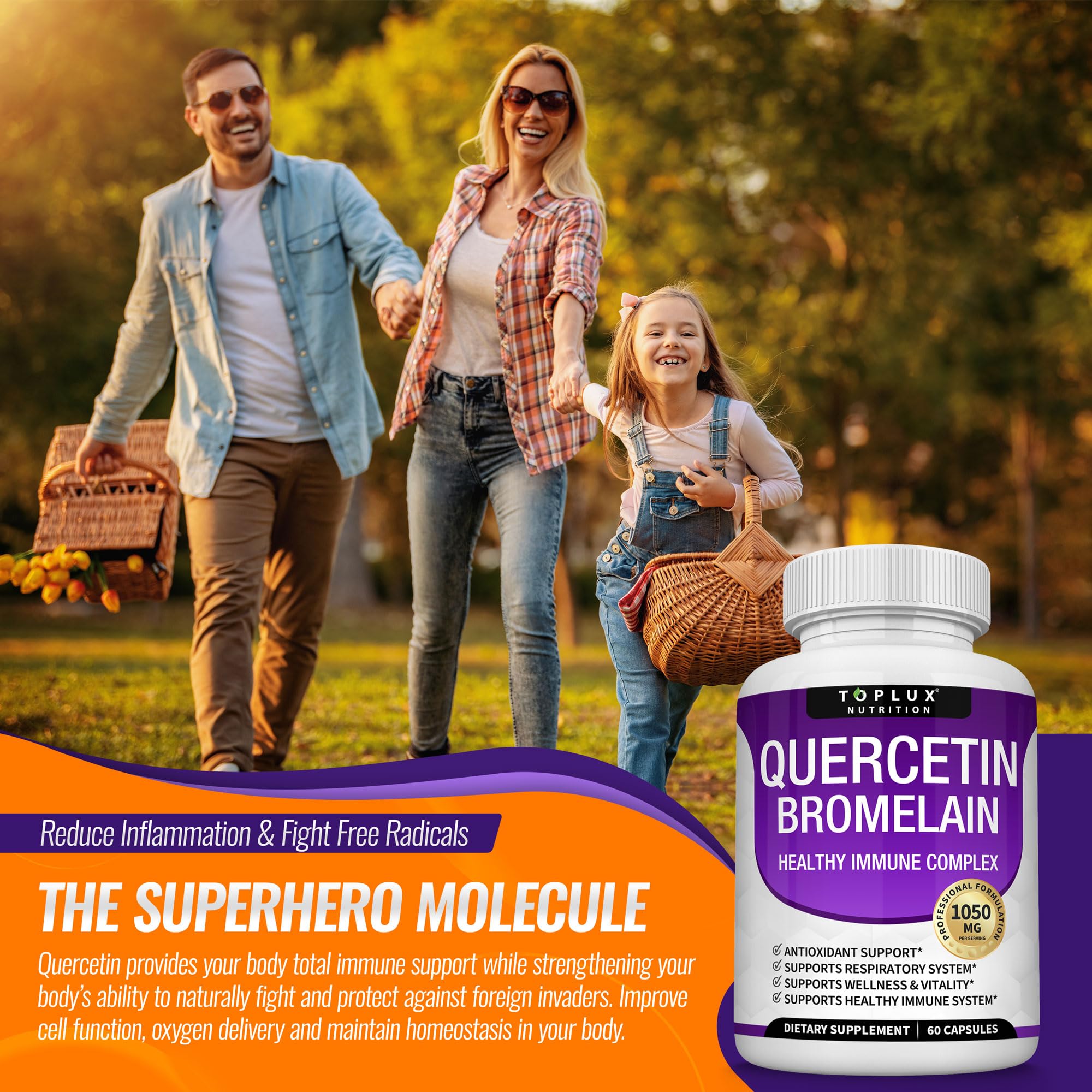 Toplux Quercetin with Bromelain and Zinc 1050mg - Advanced Immune Support Supplement, Supports Antioxidant, Immune System, for Men Women, 60 Capsules