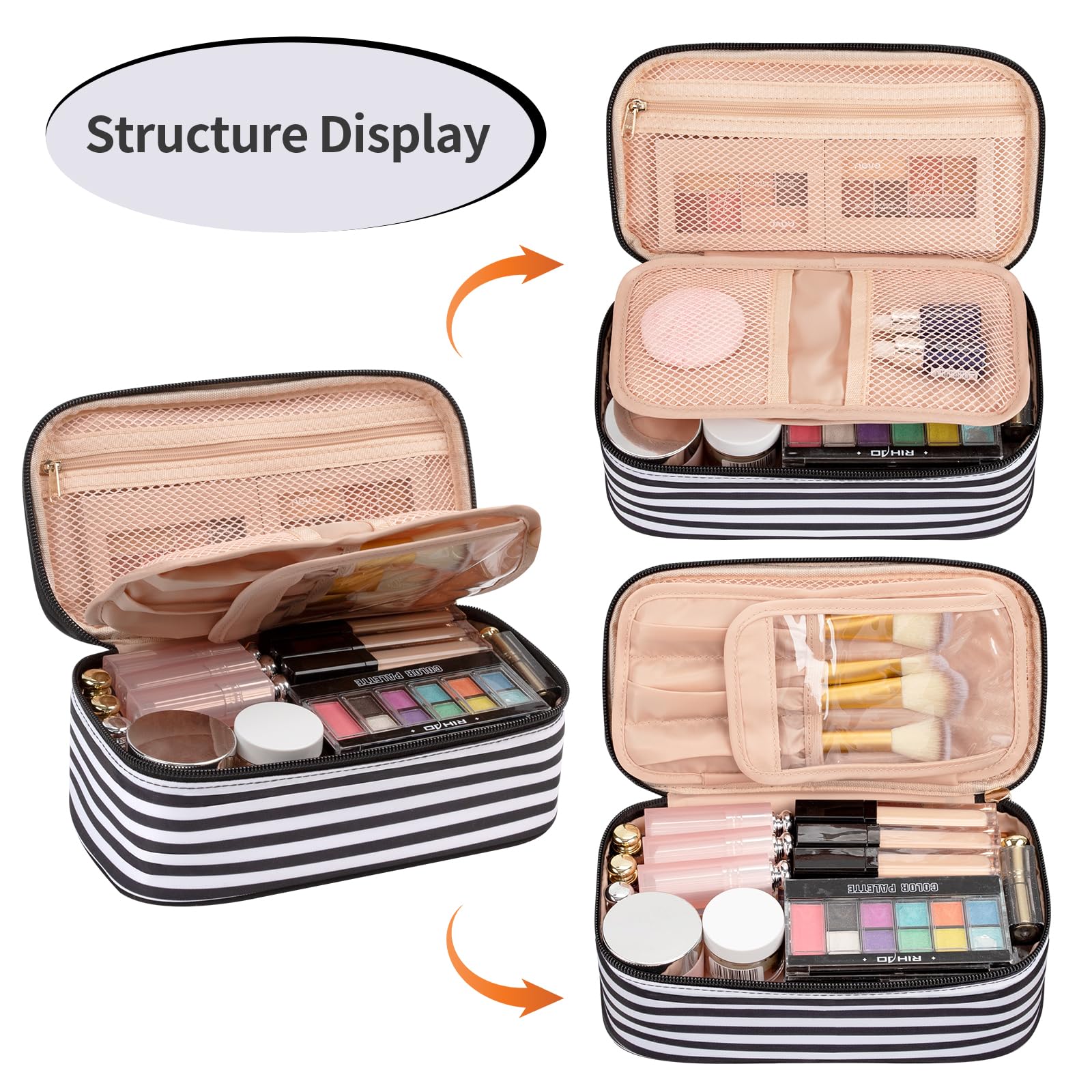 OCHEAL Small Cosmetic Bag,Portable Cute Travel Makeup Bag for Women and girls Makeup Brush Organizer cosmetics Pouch Bags-Black/White Stripes