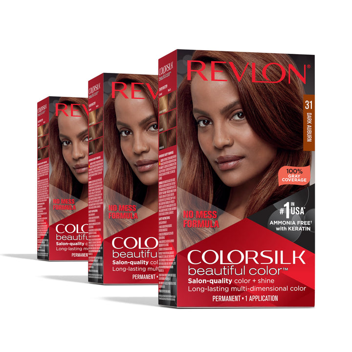 Revlon ColorSilk Permanent Hair Color, 100% Gray Coverage Dye Kit, Ammonia-Free, Keratin and Amino Acids, Red Shades, 31 Dark Auburn (Pack of 3)