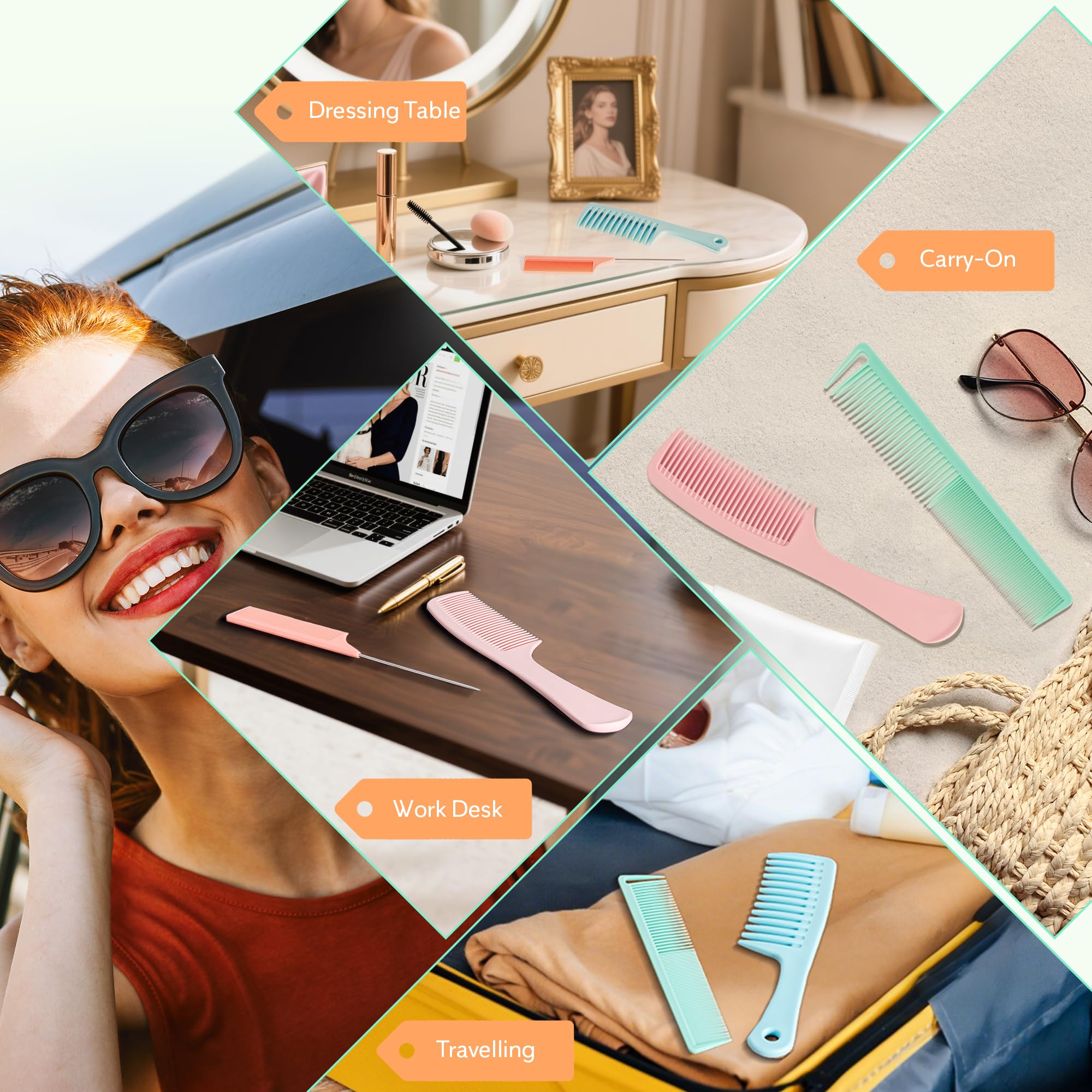 SALONSILK Dopamine Colorful 4PCS Professional Comb Set, Wide Tooth Rat Tail Fine Tooth Hair Combs, Braiding Cutting Barber Styling Curly Parting Set for Men and Women