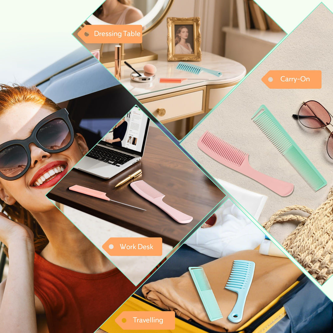 SALONSILK Dopamine Colorful 4PCS Professional Comb Set, Wide Tooth Rat Tail Fine Tooth Hair Combs, Braiding Cutting Barber Styling Curly Parting Set for Men and Women