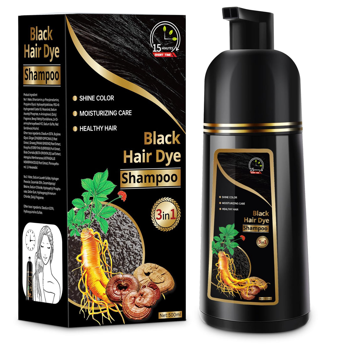 Temgofeau Hair Dye Shampoo for Gray Hair, 3 in 1 Herbal Dye for Women Men, Hair Color Shampoo 500ml (Black)