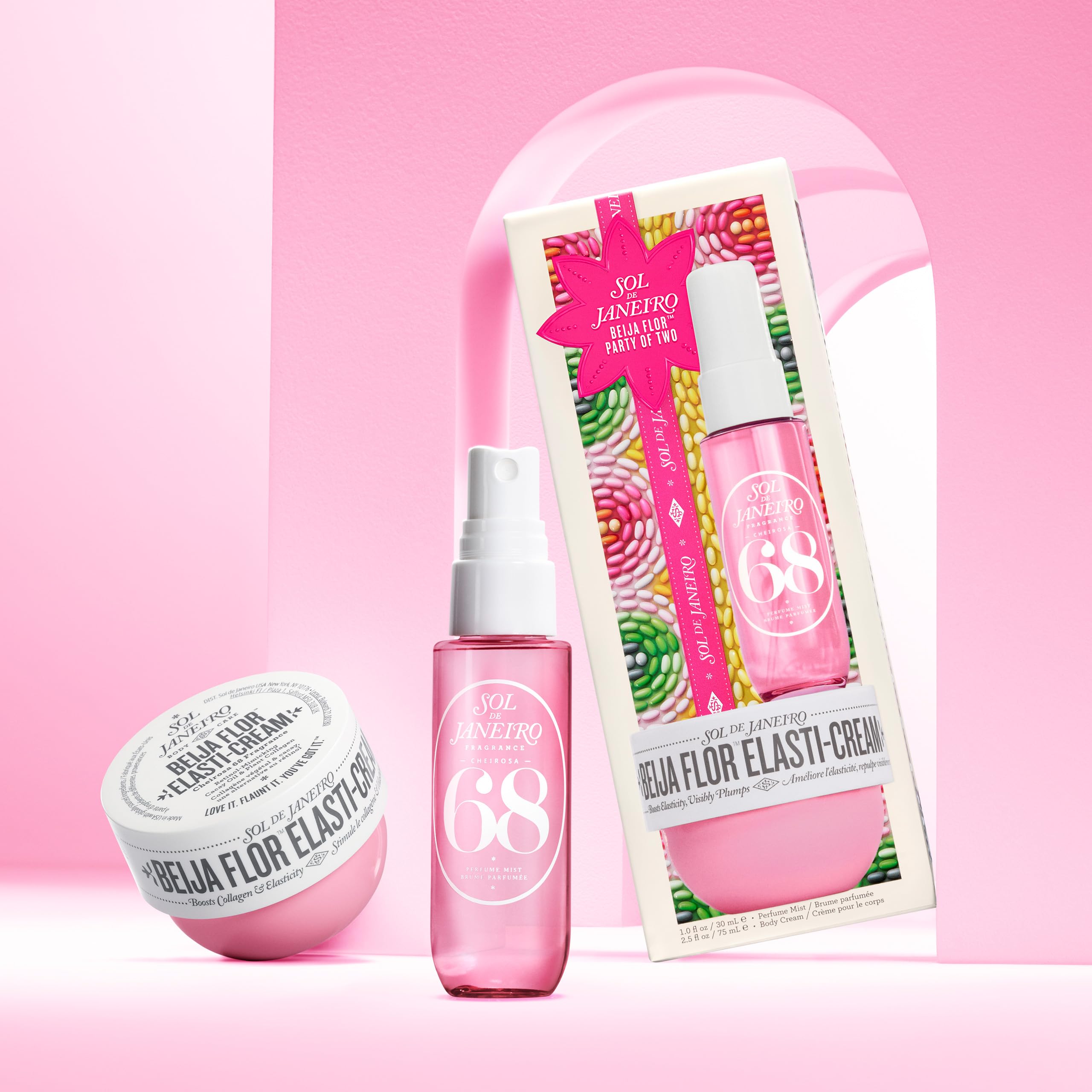 Sol de Janeiro Beija Flor Party of Two Holiday Gift Set | Beija Flor Elasti-Cream 2.5 fl oz & Cheirosa 68 Perfume Mist 1 fl oz | Beauty Minis | Limited Edition | Travel Size Trial Set