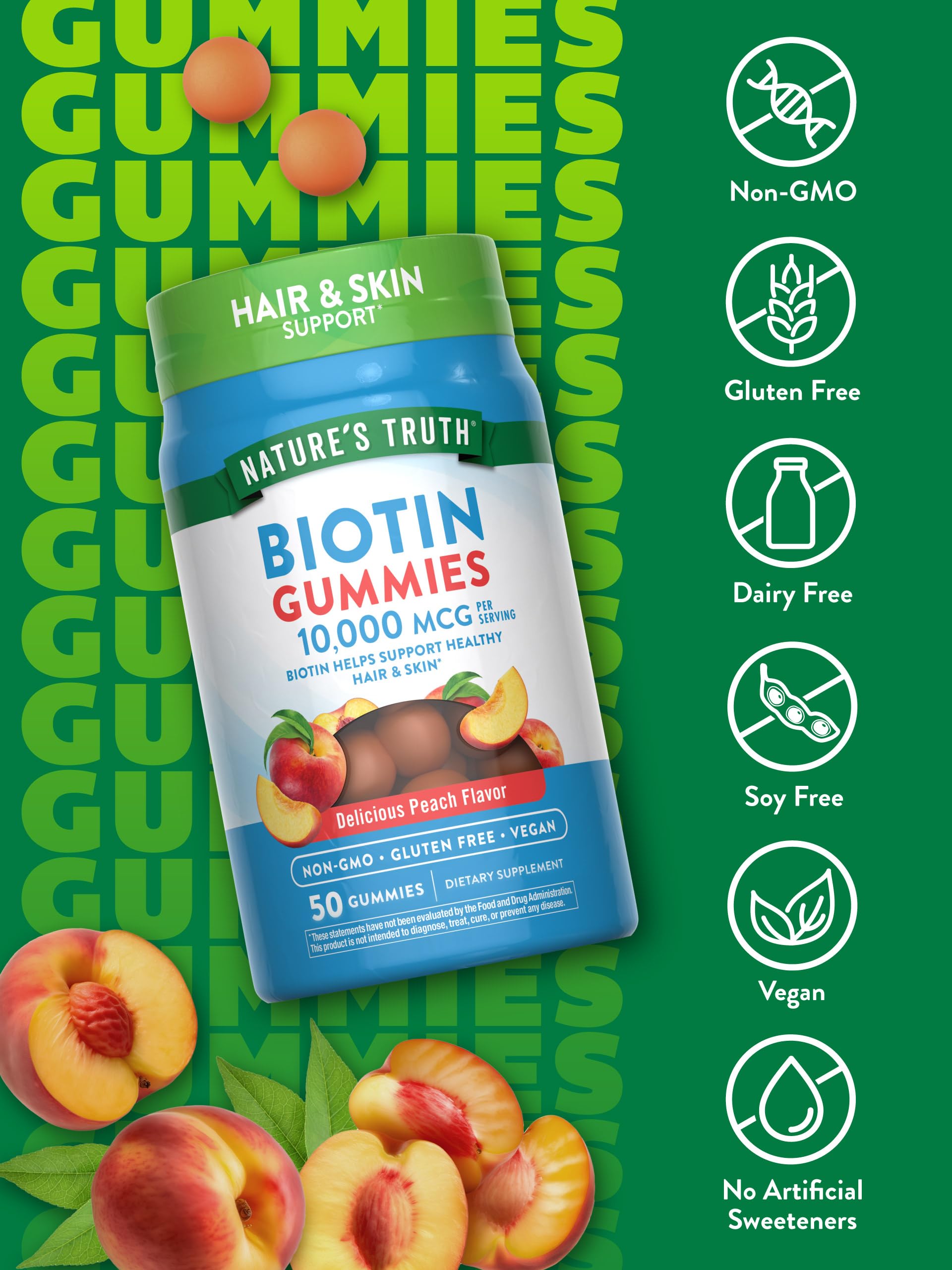 Nature's Truth Biotin Gummies | 10000mcg | 50 Count | Vegan, Non-GMO & Gluten Free Supplement | Peach Flavor