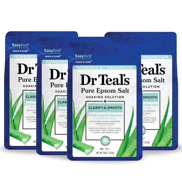 Dr Teal's Epsom Magnesium Salt Soak, Clarify & Smooth with Witch Hazel & Aloe Vera, 3 lbs (Pack of 4)