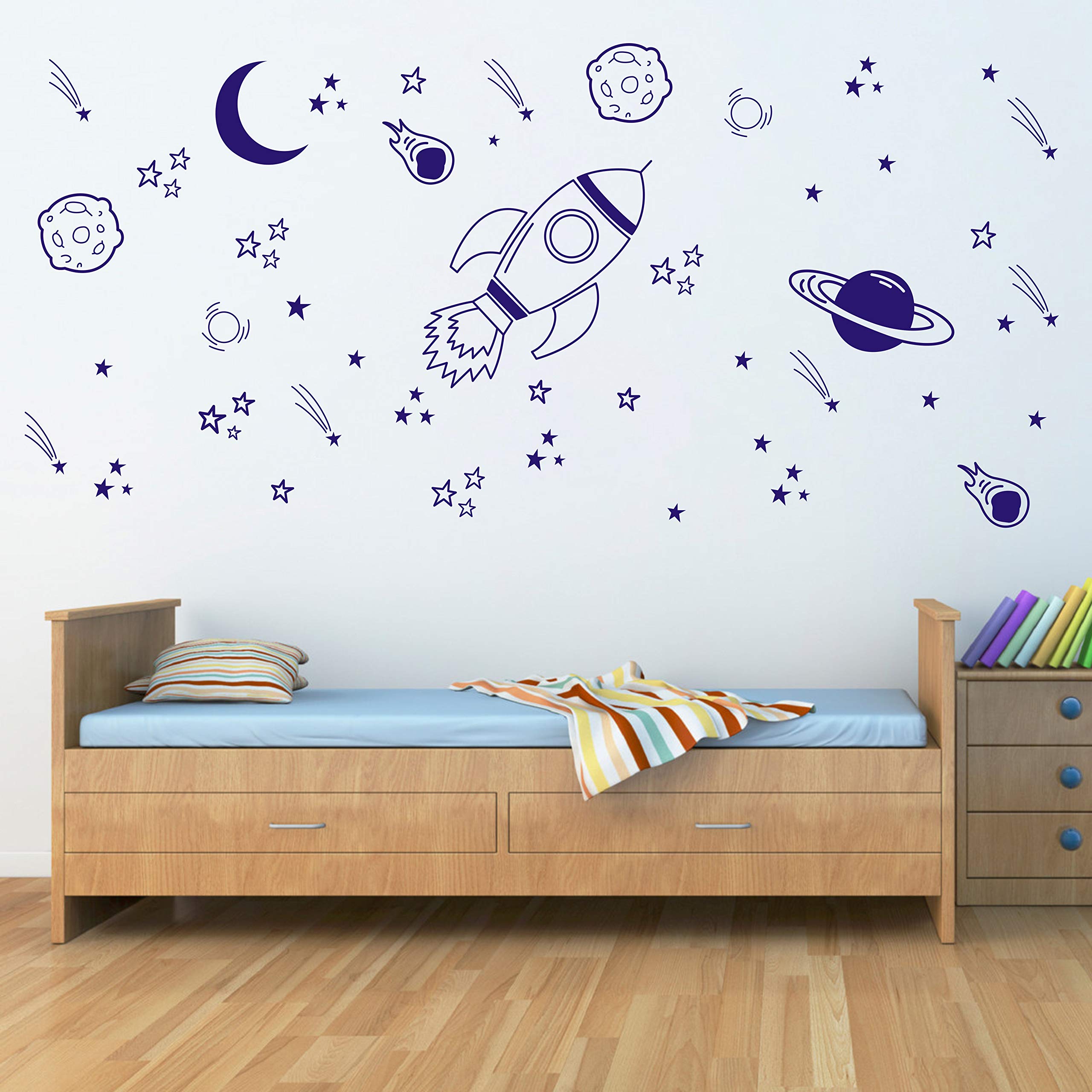 Nursery Wall Decor - Rocket & Space Ship Decals, Planets, Blue (A37)