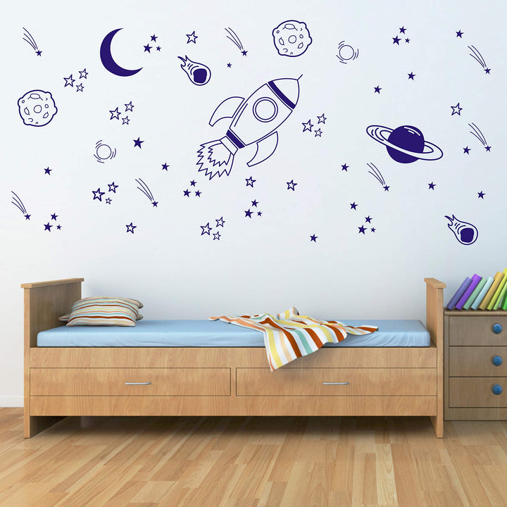 Nursery Wall Decor - Rocket & Space Ship Decals, Planets, Blue (A37)