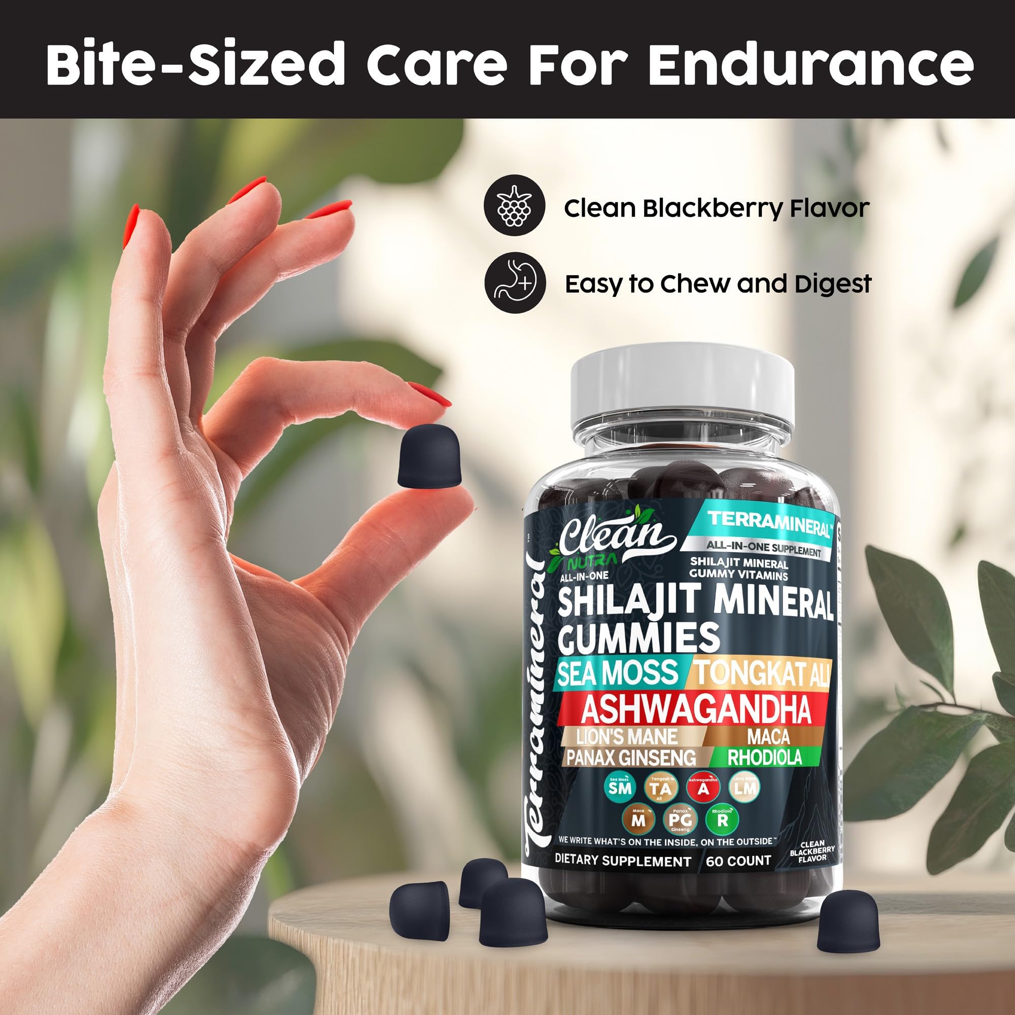 Terramineral Shilajit Gummies with Irish Sea Moss Tongkat Ali Ashwagandha Lion's Mane MACA Panax Ginseng Rhodiola & Cordyceps by Clean Nutra (1)