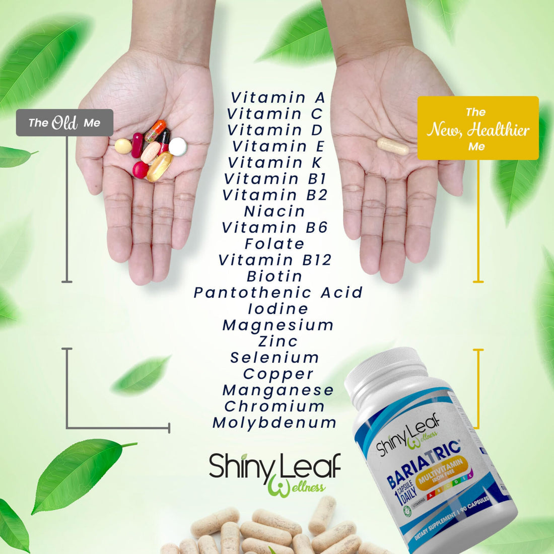 Shiny Leaf Bariatric Multivitamin Iron-Free Capsules for Post Bariatric Surgery Patients, Once Daily Bariatric Vitamins Without Iron for WLS, Sleeve, Gastric Bypass Surgery (3 Months / 90 Caps)