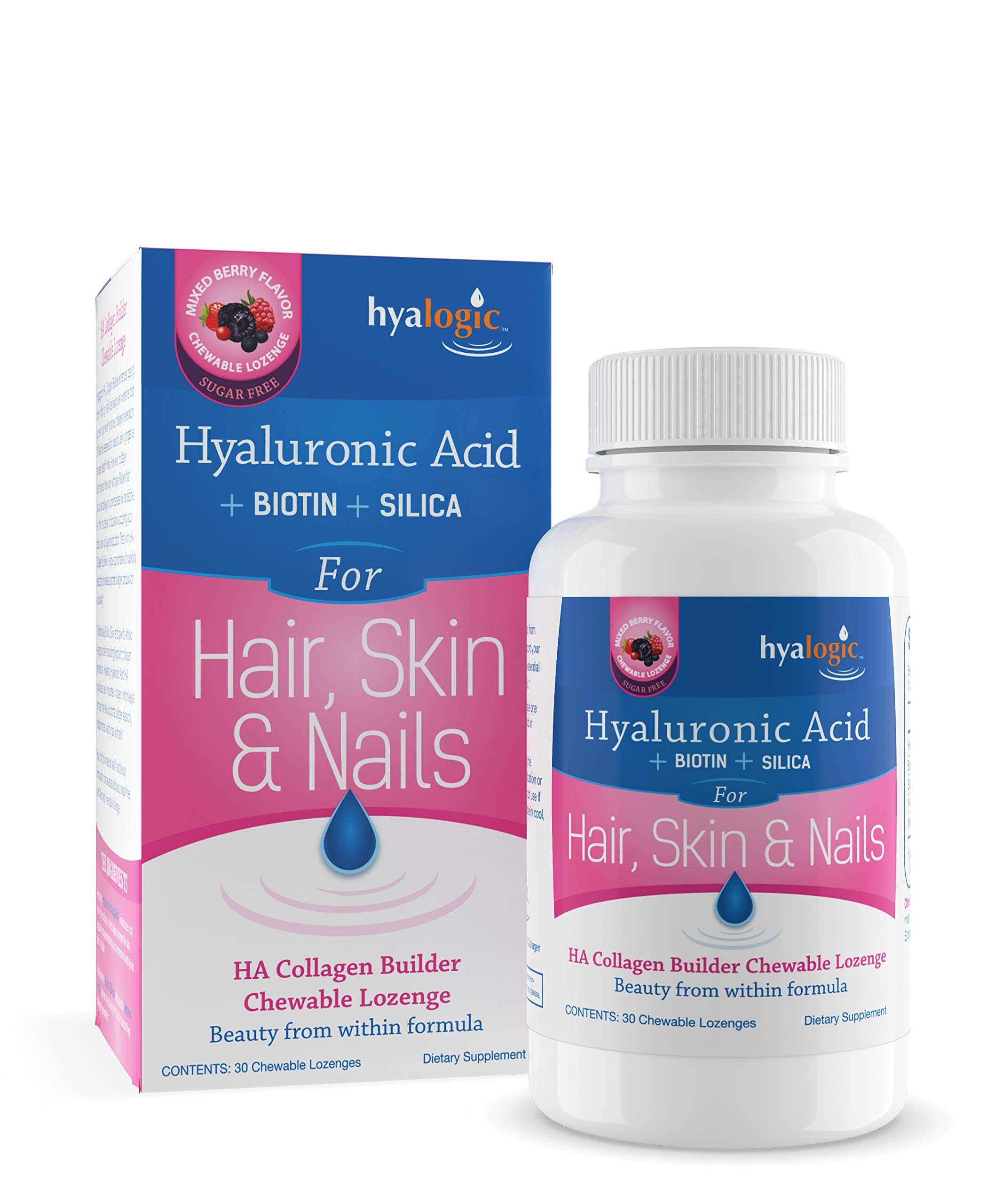 Hyalogic Hair Skin & Nails Hyaluronic Acid Collagen Builder – Delicious Berry Flavored Collagen Boost Chewable Lozenges – Sugar Free Vegan Collagen Ideal to Enhance Your Natural Beauty – 30 Count