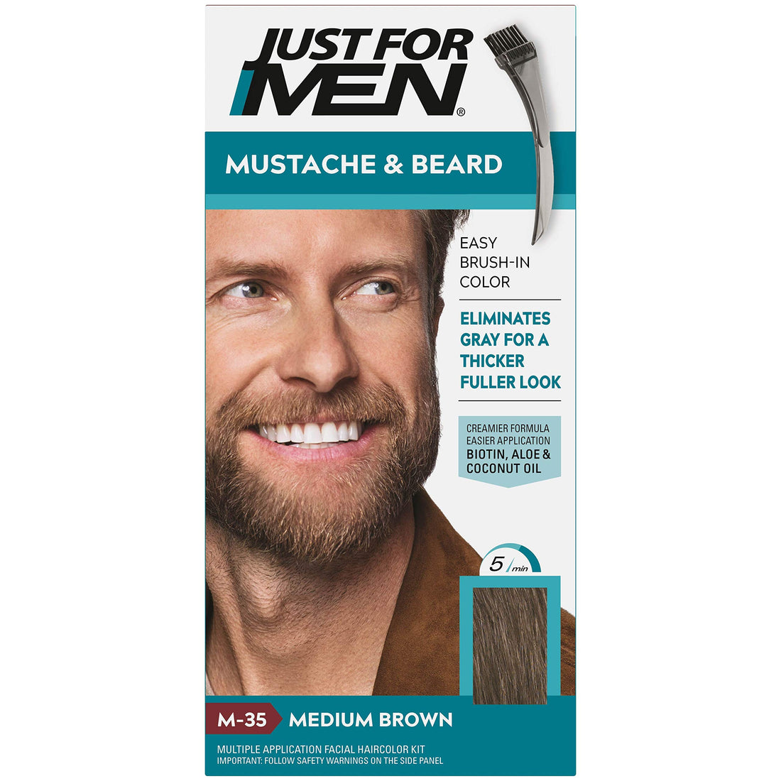 Just For Men Mustache & Beard, Beard Dye for Men with Brush Included for Easy Application, With Biotin Aloe and Coconut Oil for Healthy Facial Hair - Medium Brown, M-35, Pack of 1