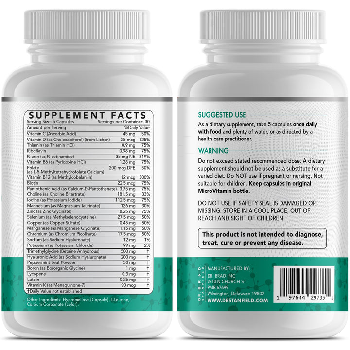 Dr Brad Stanfield Daily Low Dose MultiVitamin & Mineral for Men & Women to Support Cognitive Performance & Memory + Hyaluronic Acid for Skin Health + TMG for Exercise (150 Count)