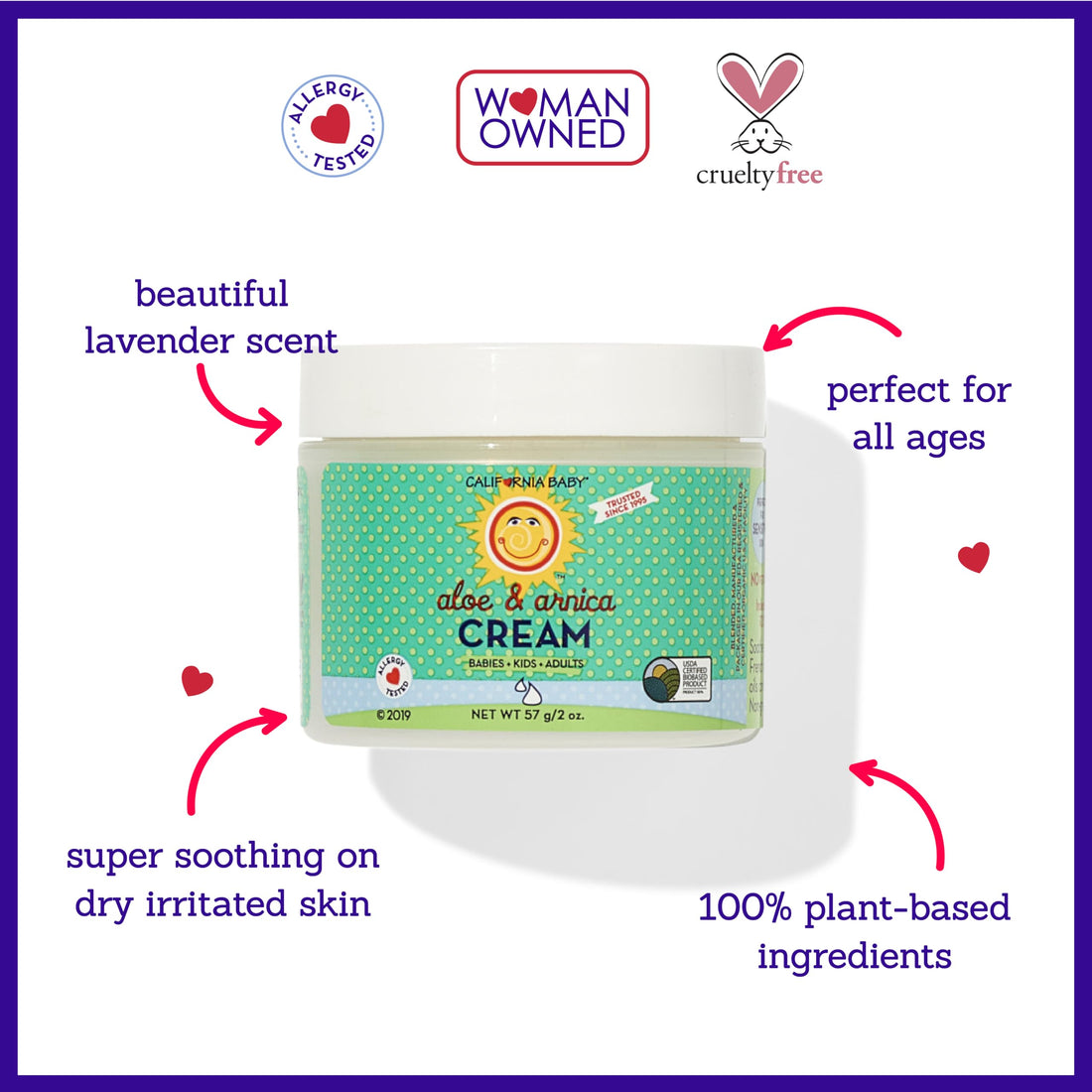 California Baby Aloe & Arnica Cream | Soothing Sunburn Relief Cream | Moisturizes Dry, Irritated Skin | 100% Plant-Based After Sun Lotion | Organic Calendula + Aloe Vera Cream | 57 g / 2 oz.