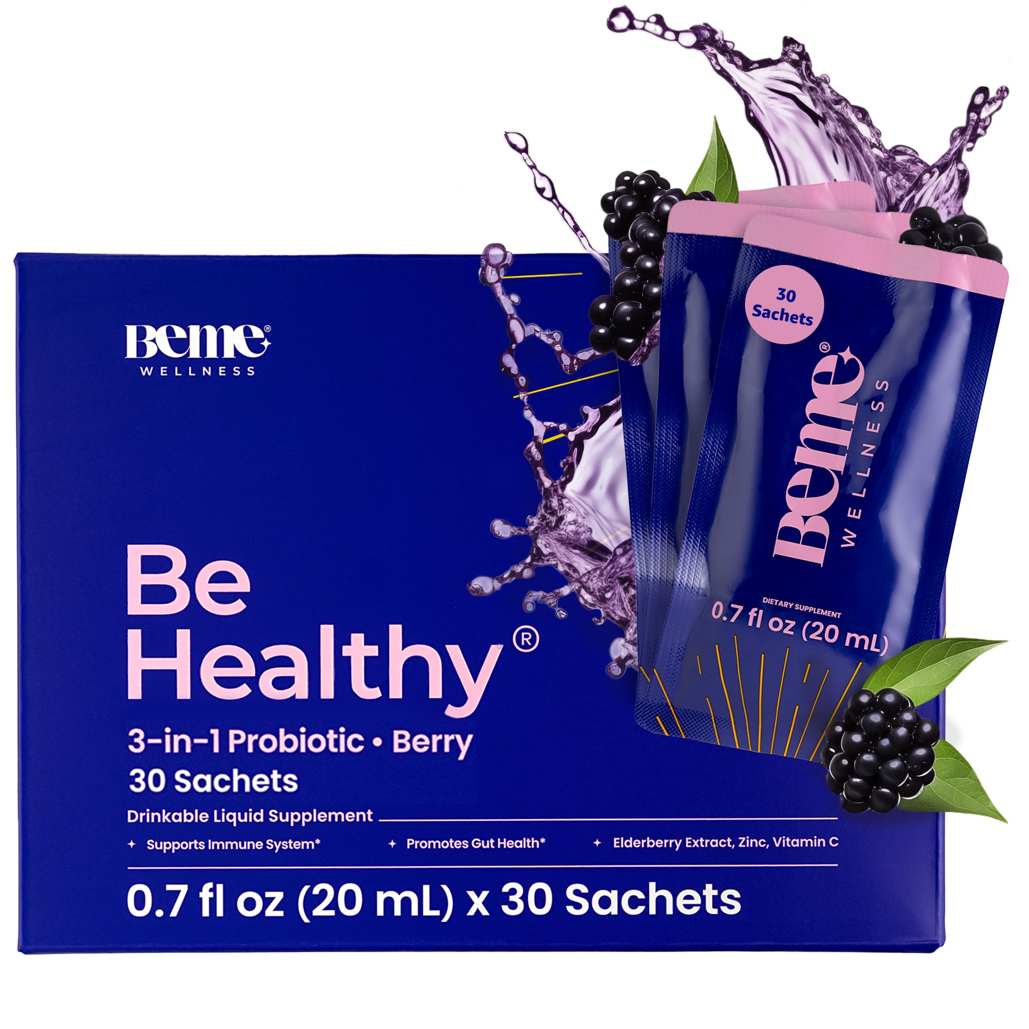 BeMe 3-in-1 Liquid Probiotic for Women & Men, Be Healthy-Drinkable Liquid Probiotics Supplement for Digestive & Gut Health - Prebiotic, Probiotic, & Postbiotic Supplements for Adults (30 Sachets)