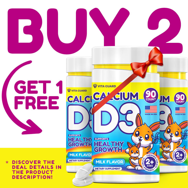 Vita Guard Calcium D3 Chewable Tablets for Kids – 640 mg Calcium & 320 IU Vitamin D3 – Non-GMO, Organic – Milk Flavor – Bone & Teeth Support Supplement – 90 Tablets for Ages 2+