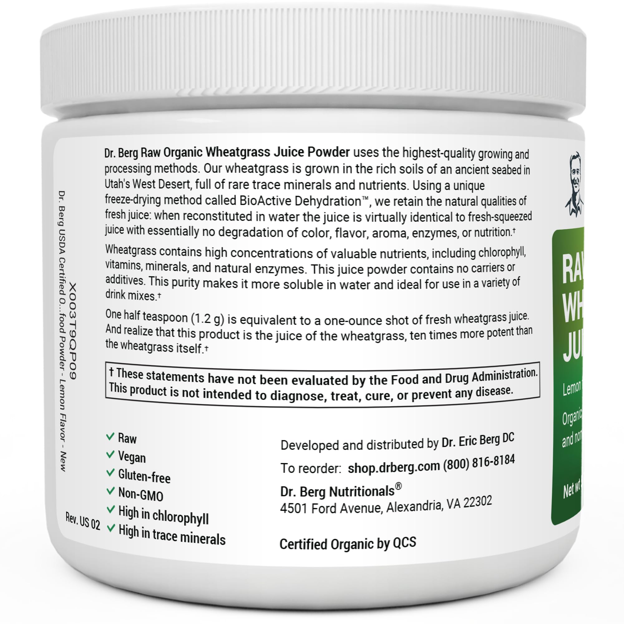 Dr. Berg USDA Certified Organic Green Powder Superfood (60 Servings) - Made with Raw Wheatgrass Powder, Chlorophyll, Trace Minerals & Natural Enzymes - Non-GMO Green Superfood Powder - Lemon Flavor