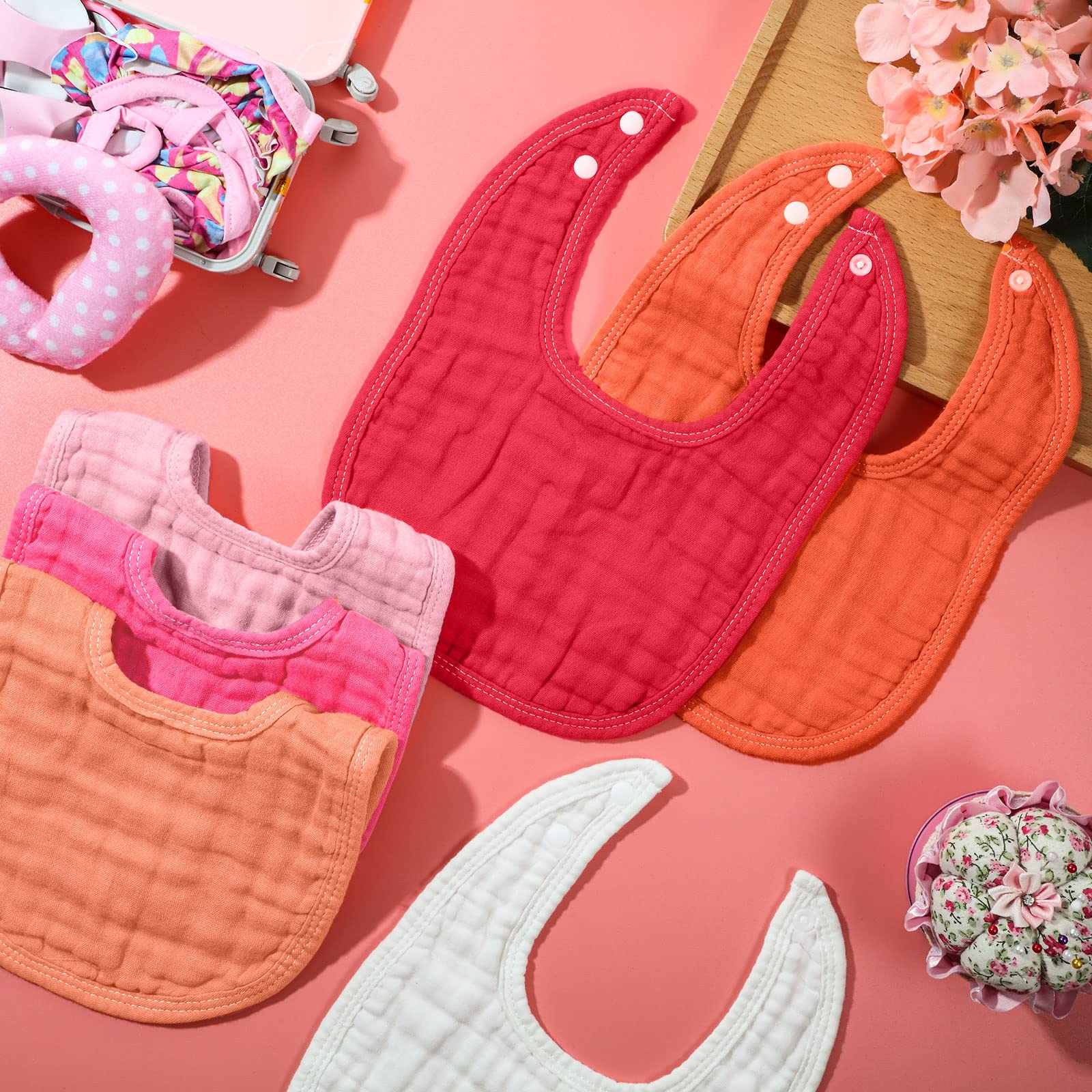 Frienda 6 Pcs Muslin Bibs Baby Burping Cloth Teething Bibs Bandana Bibs 6 Absorbent Layers Muslin Bibs for 6 Month+ Baby (Pink Series)