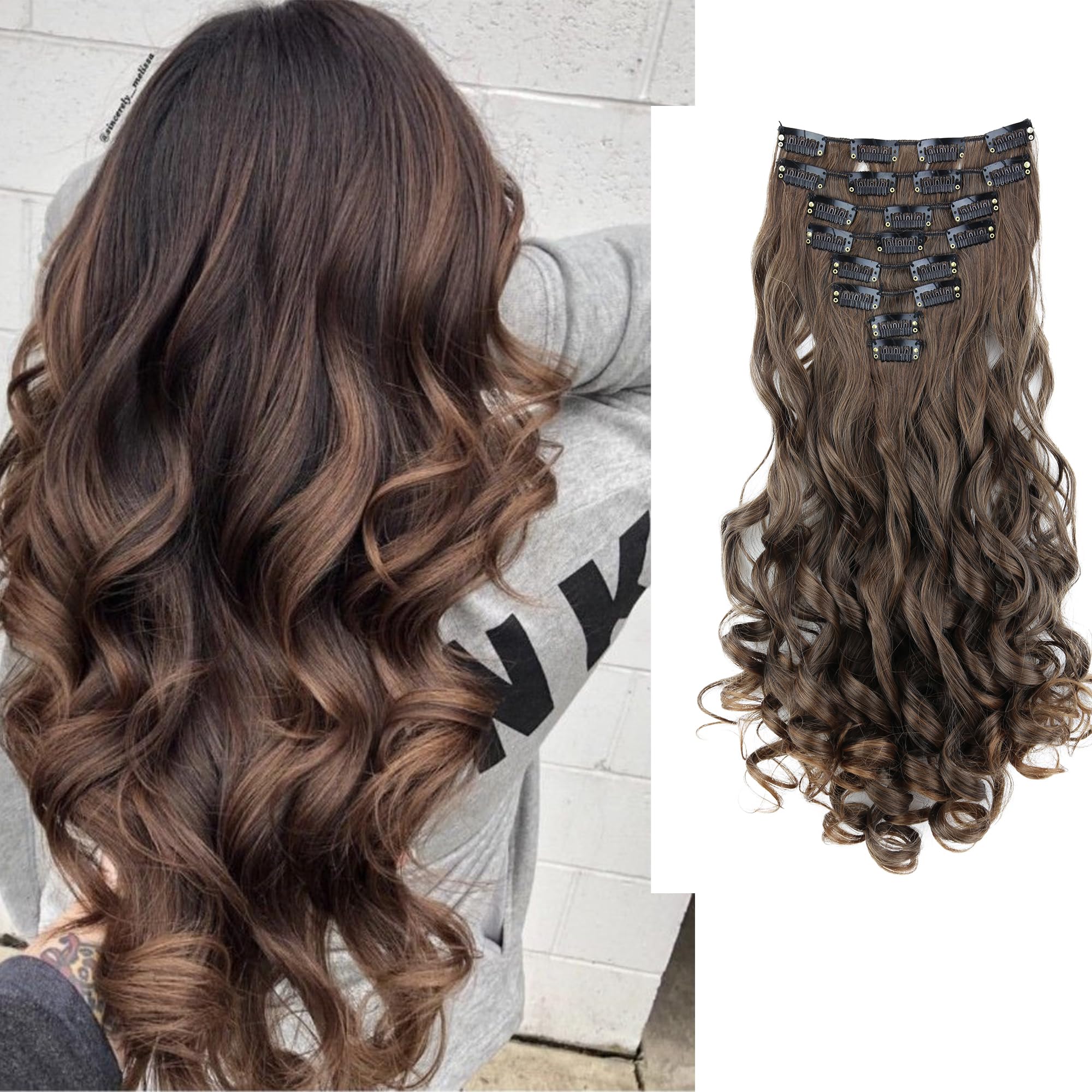 24 (60cm) brown mix #4T30 CES12-1 : PRETTYSHOP XXL Set 8 pcs 24 Clip In Hair Extensions Full Head Hairpiece Wavy Curled Or Straight Heat-Resisting Div. Colors (brown mix curled #4T30 CES12-1)