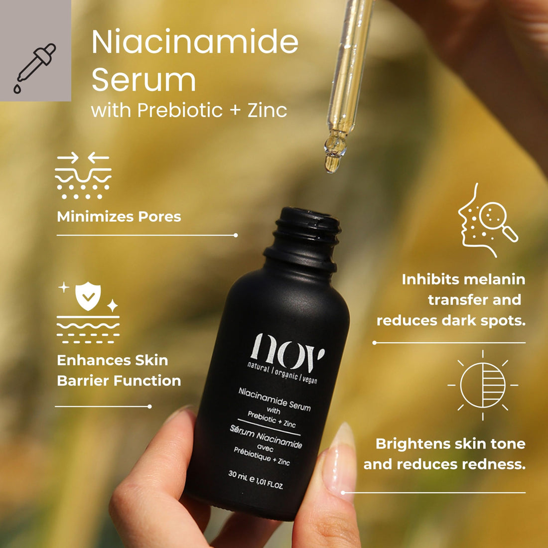 NOV Natural Organic Vegan Niacinamide Serum- with Prebiotic, Zinc | Reduces the Look of Dark Spots, Discoloration, and Uneven Skin Tone | Fragrance-Free & Paraben-Free